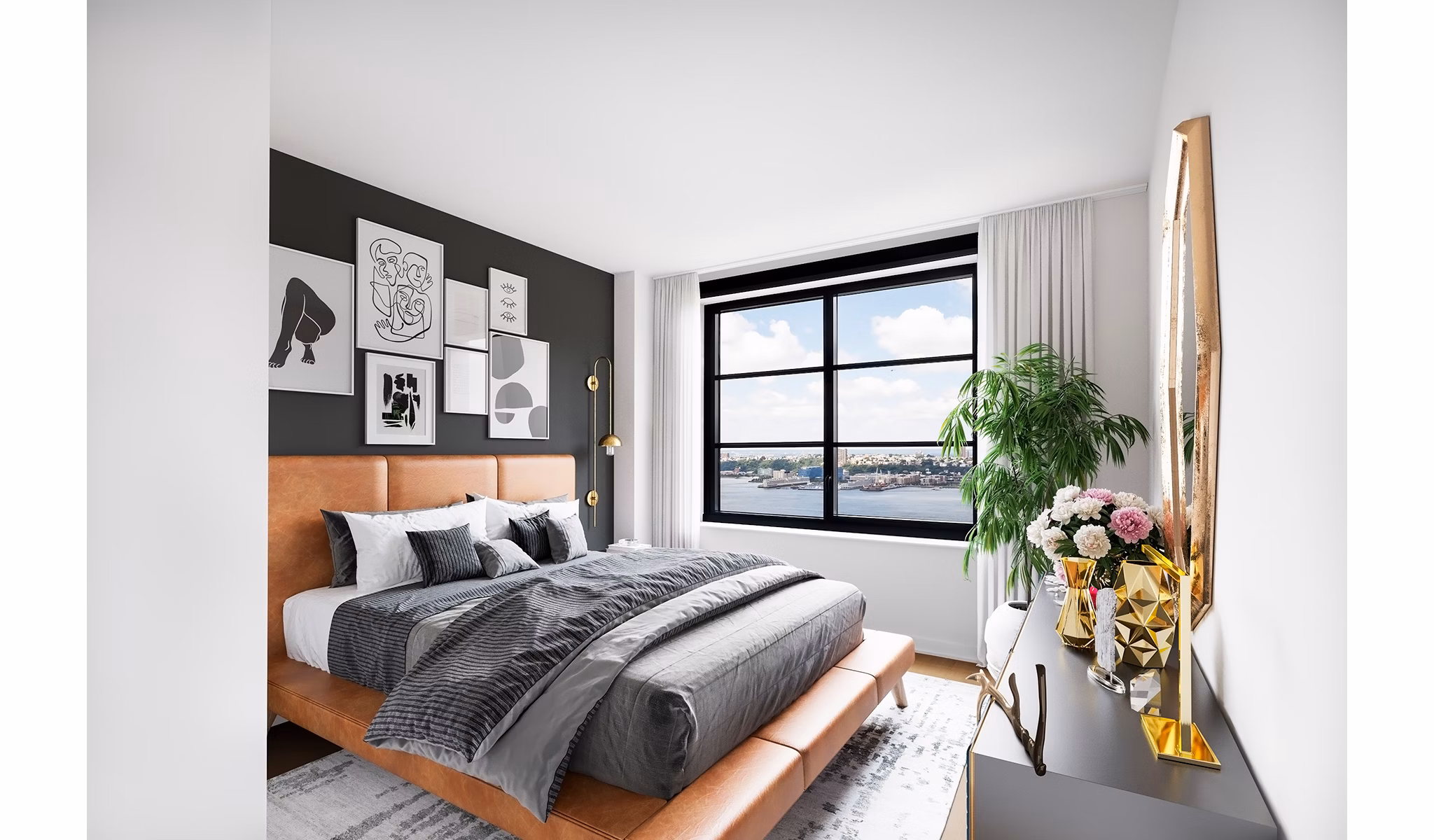 Elegant bedroom featuring modern design elements at Henry Hall Apartments, offering luxury living spaces in a prime location