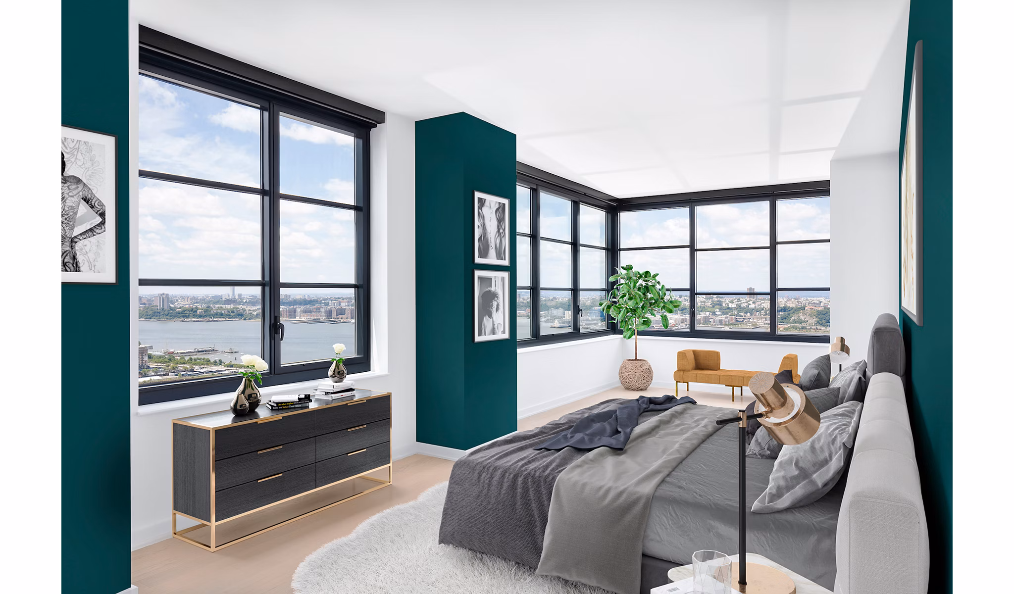 Spacious bedroom with elegant decor in Henry Hall Apartments, showcasing luxury living in a desirable community