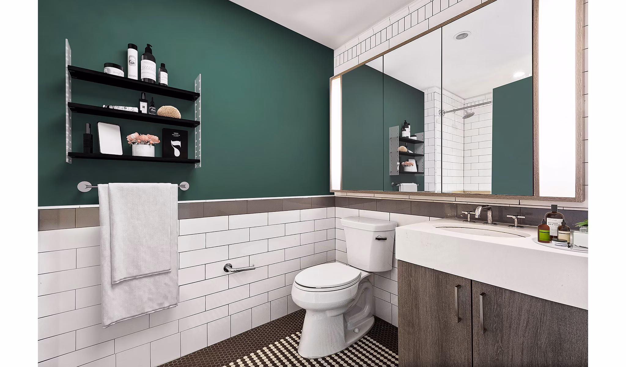 Luxurious bathroom with modern fixtures at Henry Hall Apartments, featuring sleek design elements and spacious layout