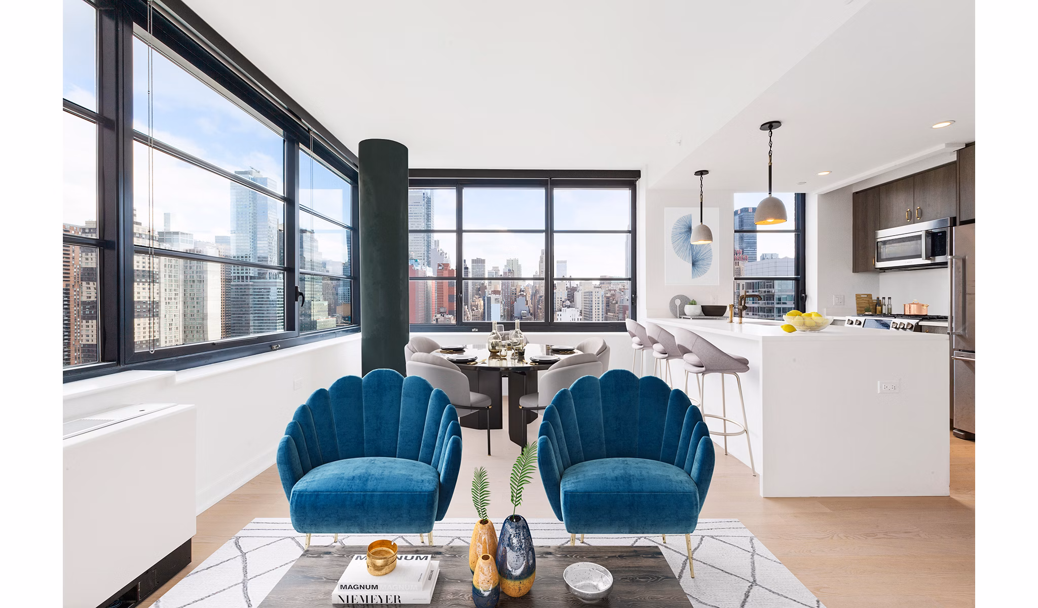 Spacious living room with modern furnishings in Henry Hall Apartments, New York