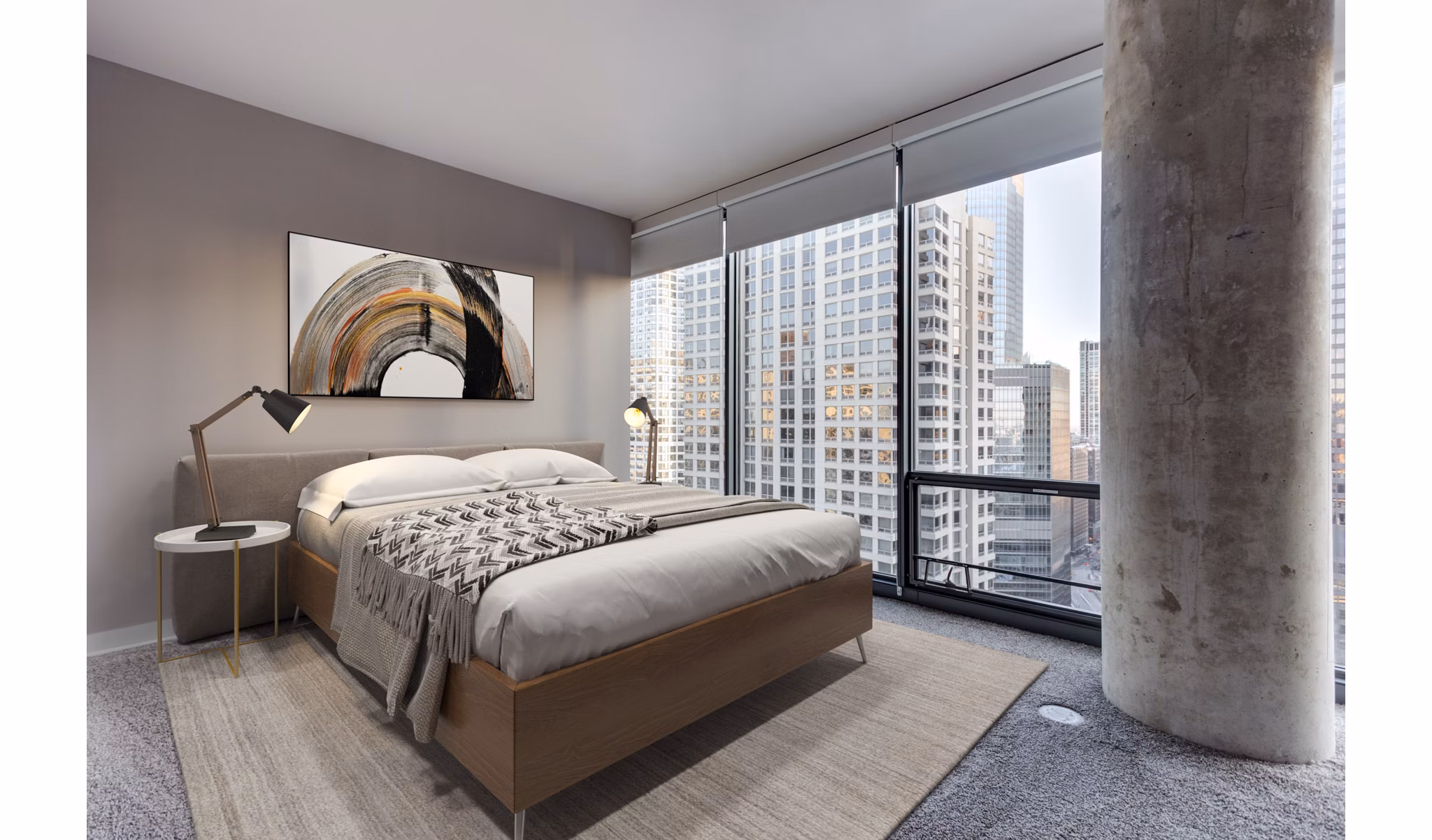 Modern bedroom with contemporary decor at State & Grand Apartments
