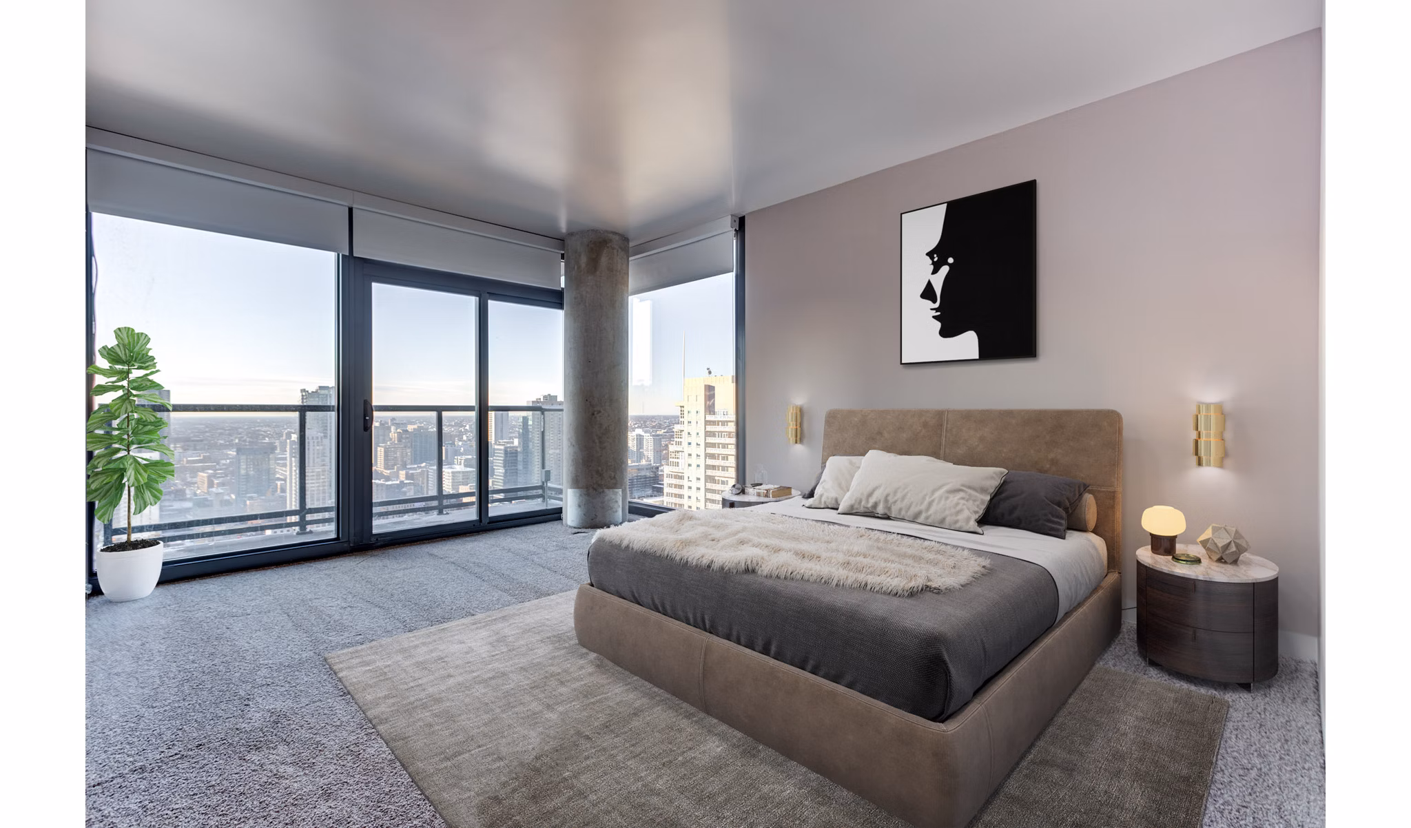 Spacious bedroom with modern decor at State & Grand Apartments in the heart of the city