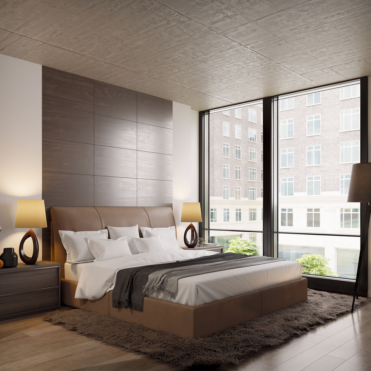 Modern bedroom with elegant decor at Coeval Apartments