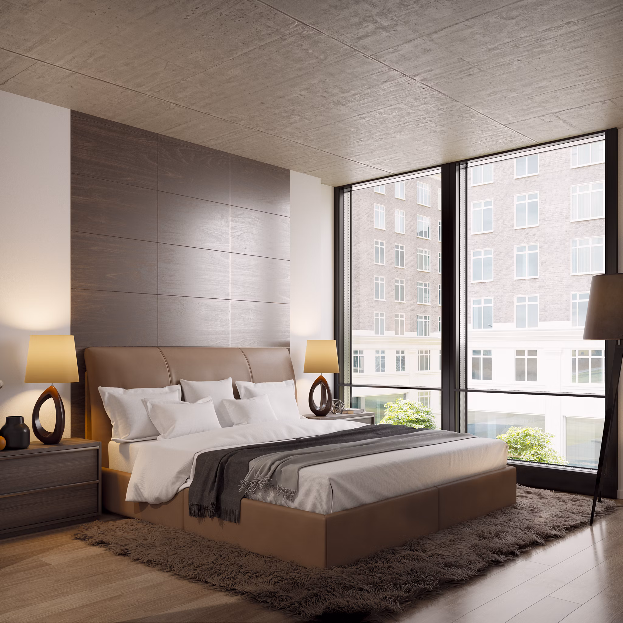 Modern bedroom with elegant decor at Coeval Apartments