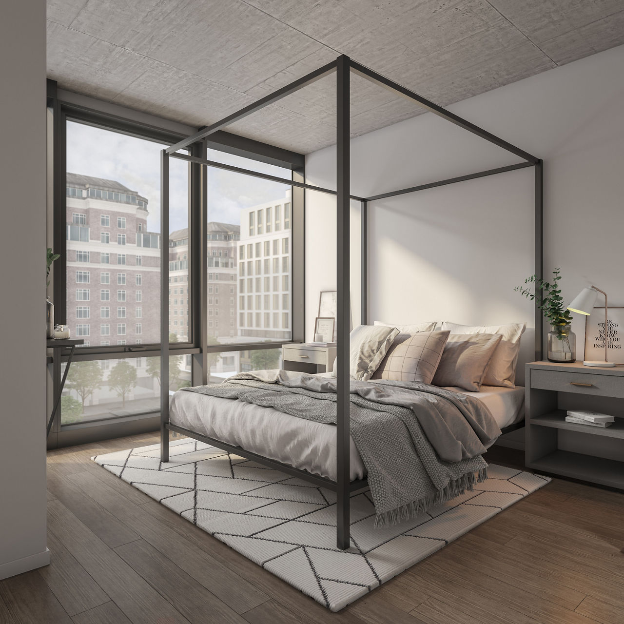Cozy bedroom featuring modern decor and large windows in Coeval Apartments, luxury living in the heart of Chicago, IL.