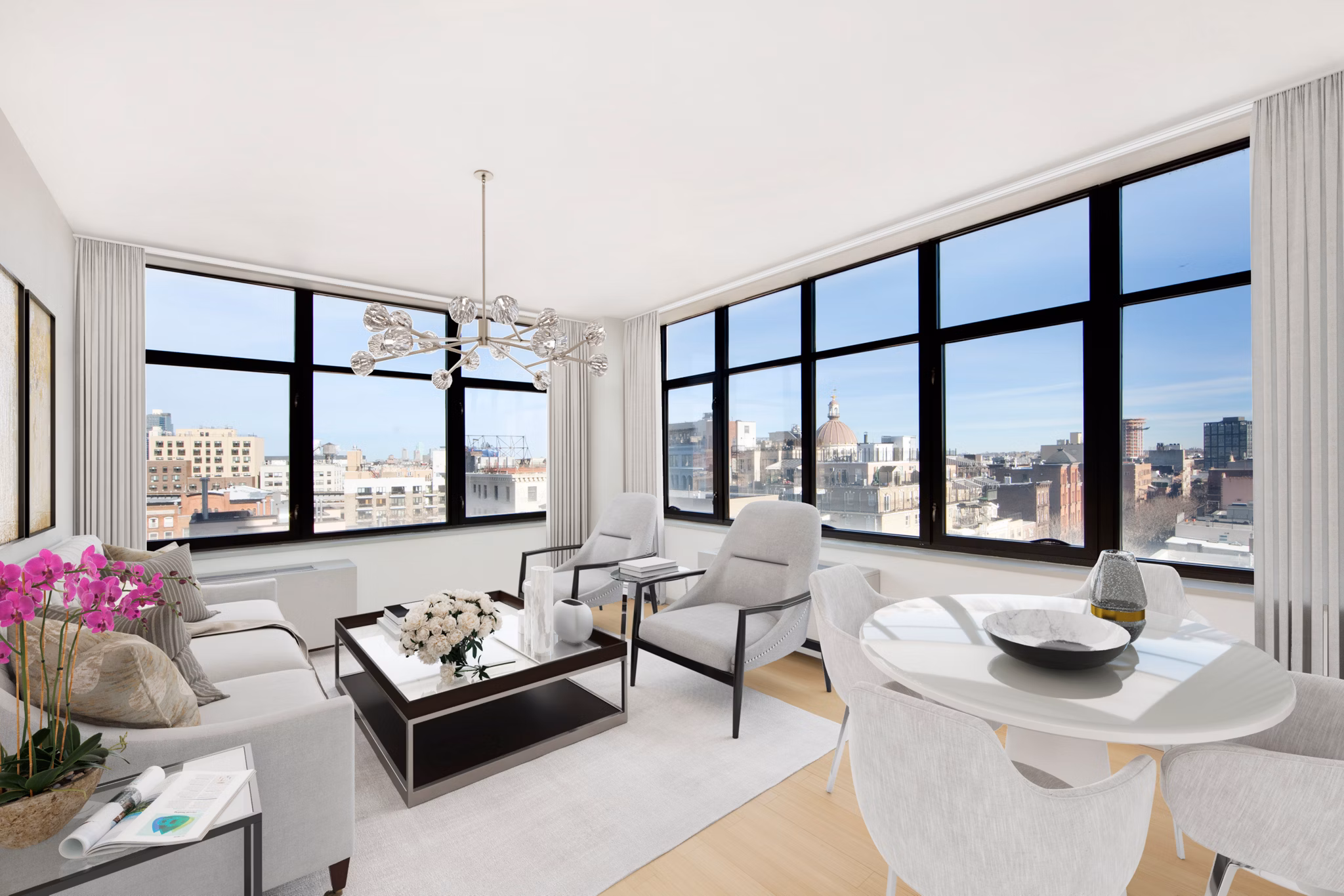 Spacious living room with stylish decor and large windows in 424 Bedford luxury apartments