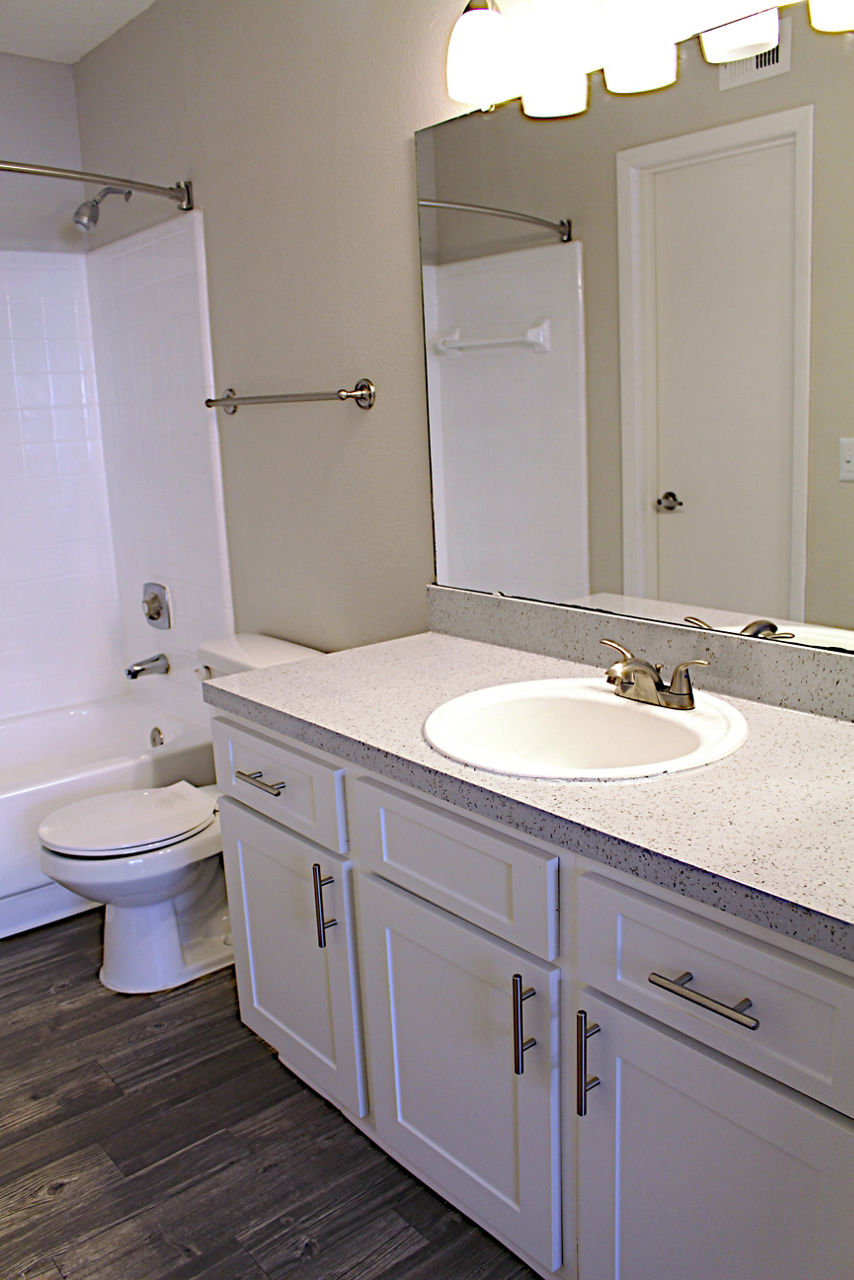 Bathroom featuring modern fixtures and spacious vanity at Island Club Apartments