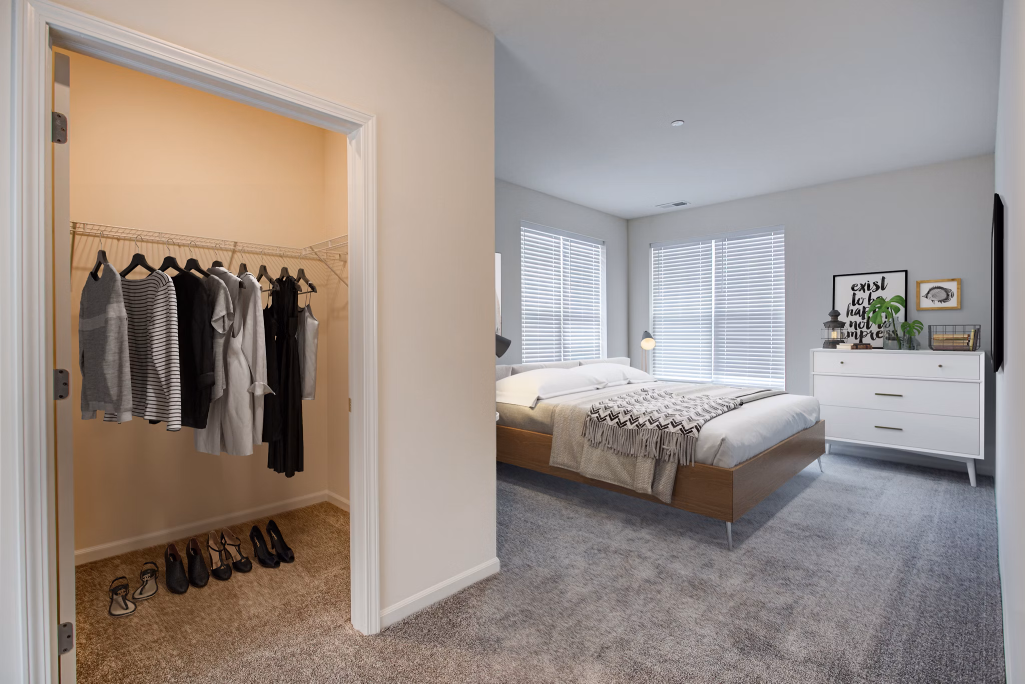 Cozy bedroom with modern furnishings at Highland Ridge Apartments