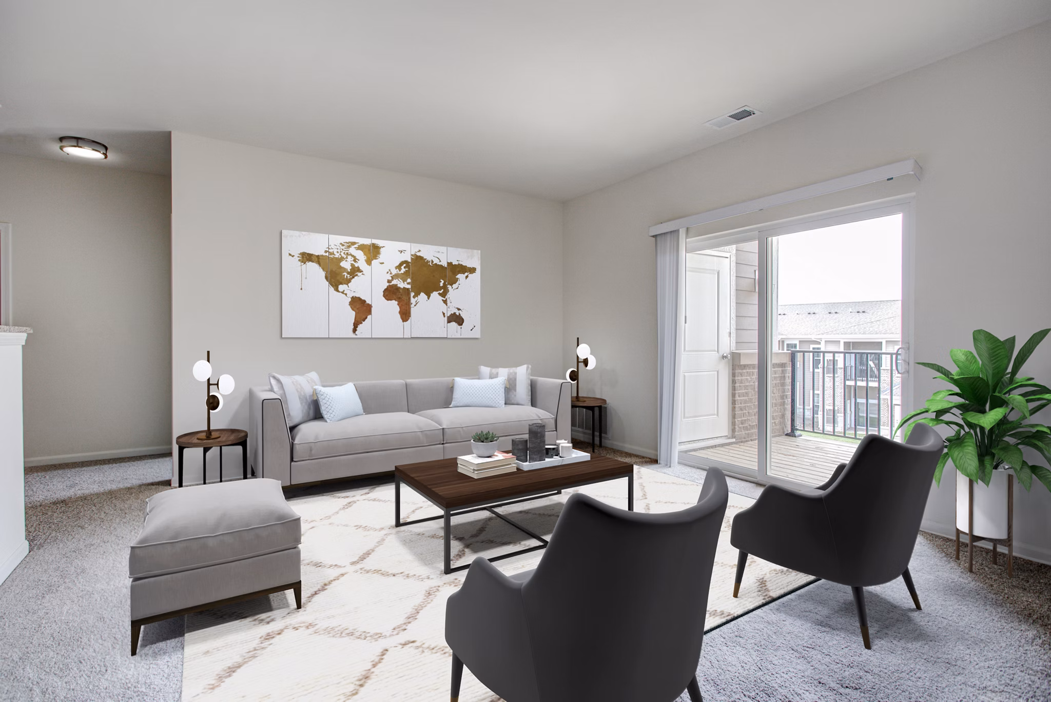 Spacious living room with modern furnishings in Highland Ridge Apartments