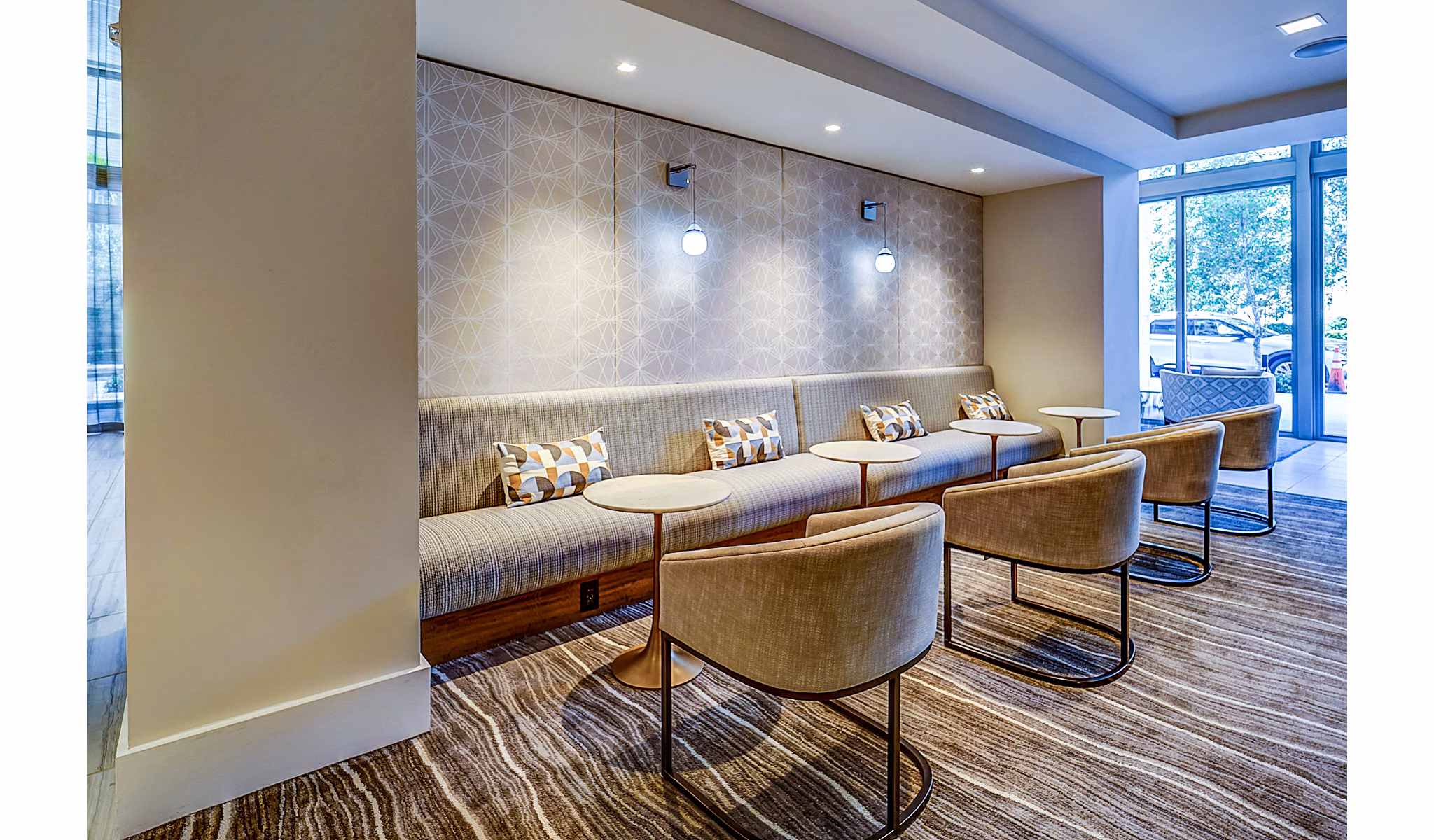 Clubhouse with modern design elements at Oversea at Flagler Banyan Square Apartments