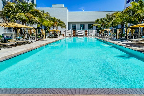 Saltwater infinity pool at Oversea at Flagler Banyan Square Apartments with palm tree views