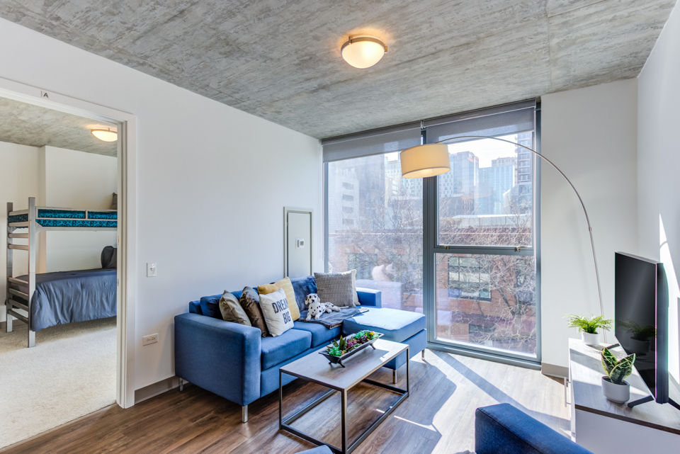 Luxurious of a high-rise apartment at 30 E Balbo in Chicago, featuring modern architecture, developed by Gilbane, designed by Solomon Cordwell Buenz