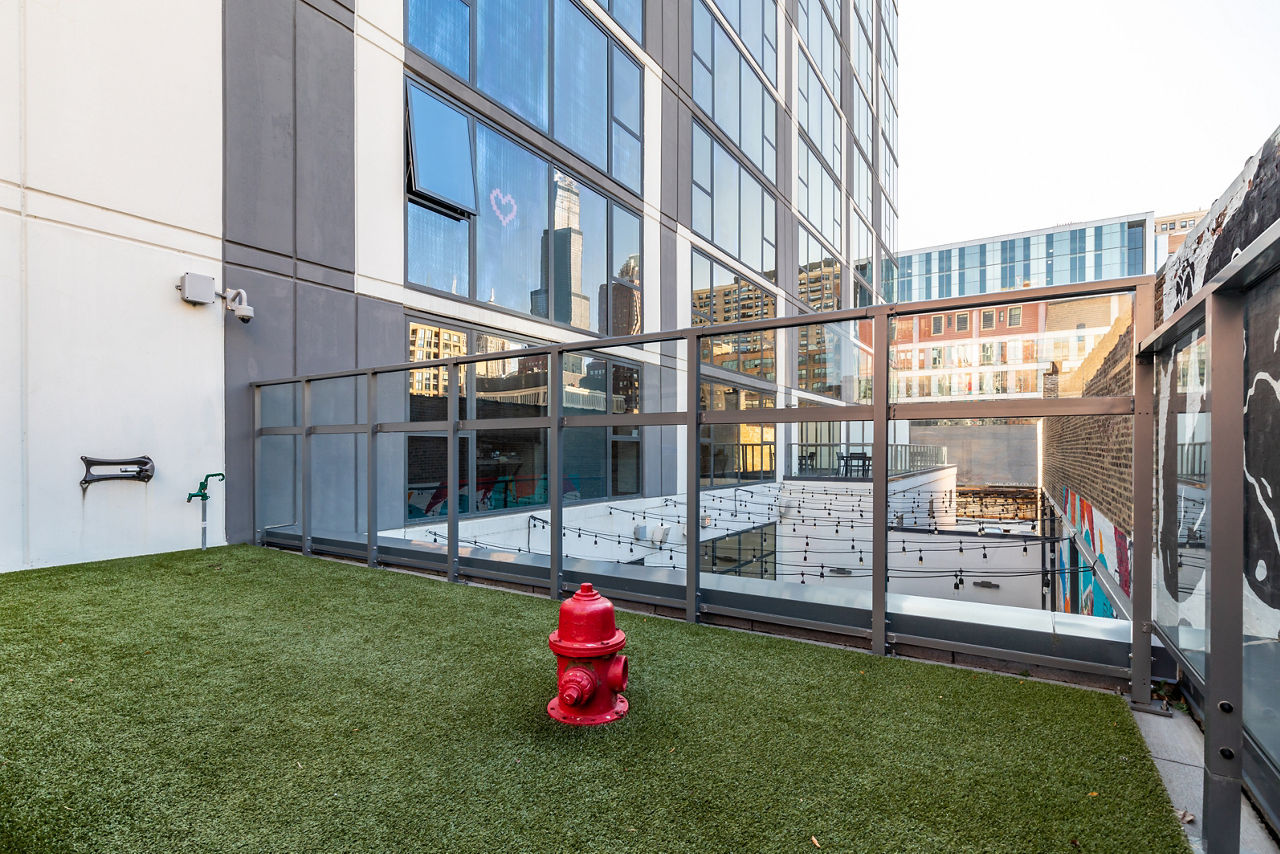 Rooftop patio featuring a turquoise sectional sofa and fire pit with city skyline views at luxury apartments