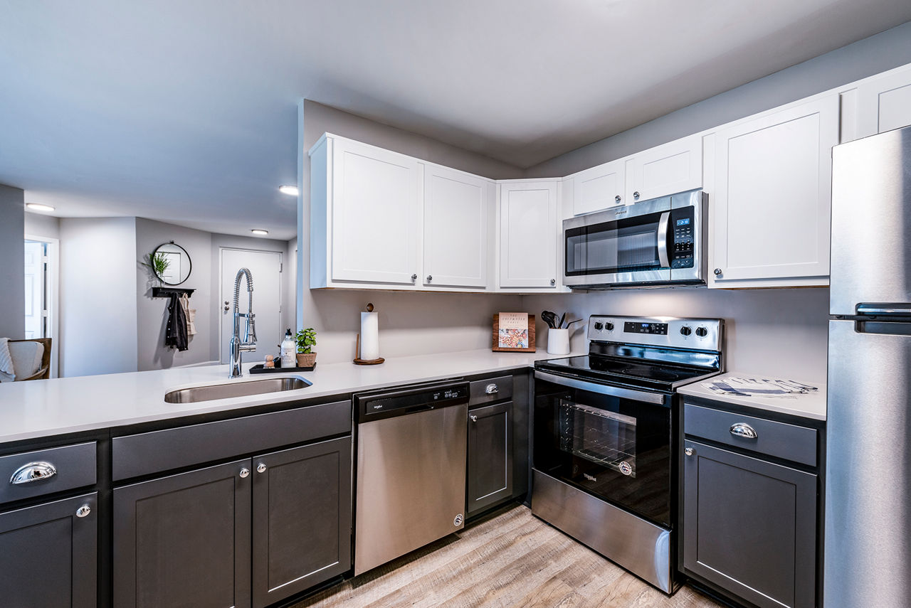 Modern kitchen with stainless steel appliances in Avana Northlake's luxury apartment community