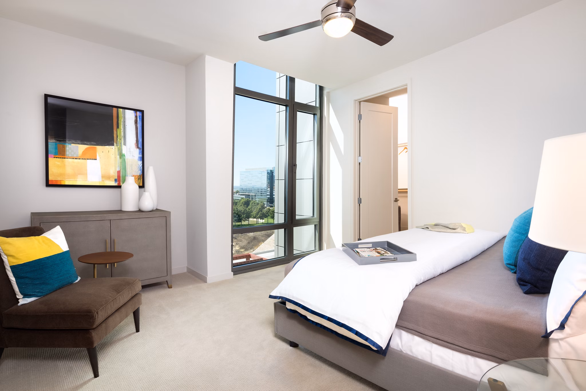 Elegant bedroom with modern decor at The Kincaid at Legacy Apartments