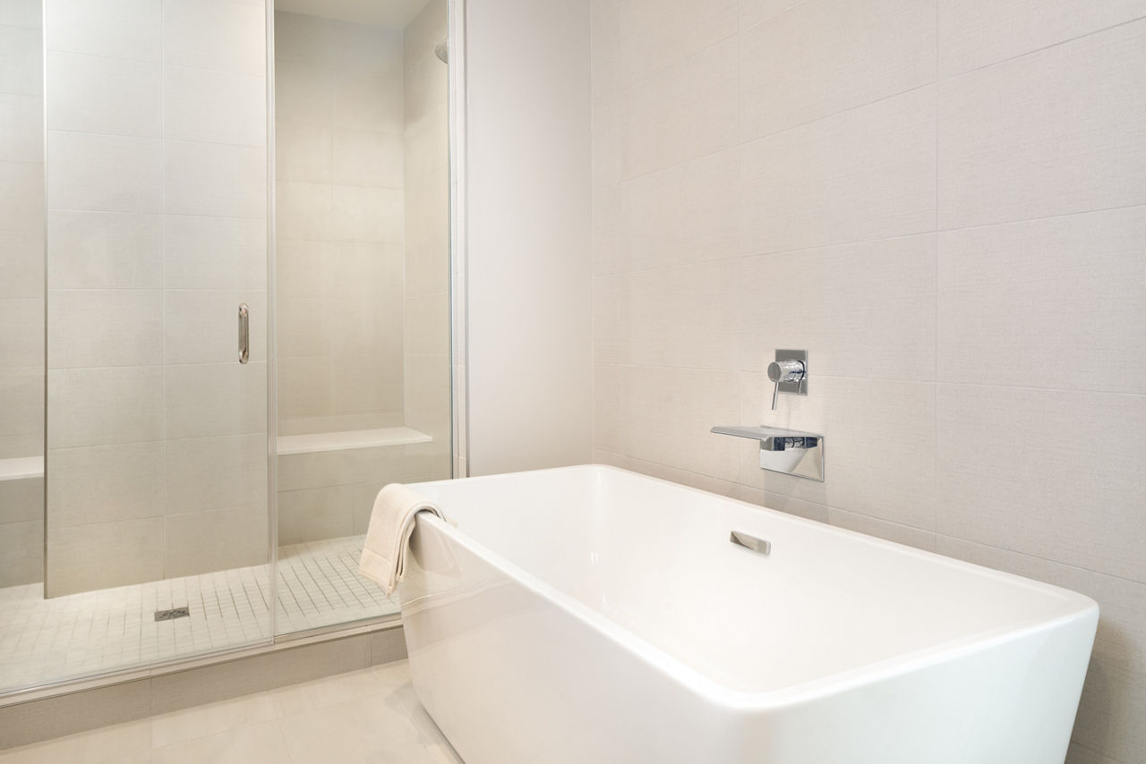 Elegant bathroom featuring modern finishes at The Kincaid at Legacy Apartments, offering luxury living in a premium setting