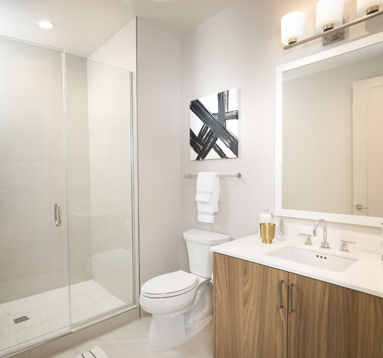 Luxurious bathroom with modern fixtures at The Kincaid at Legacy Apartments, offering premium living in sought-after location