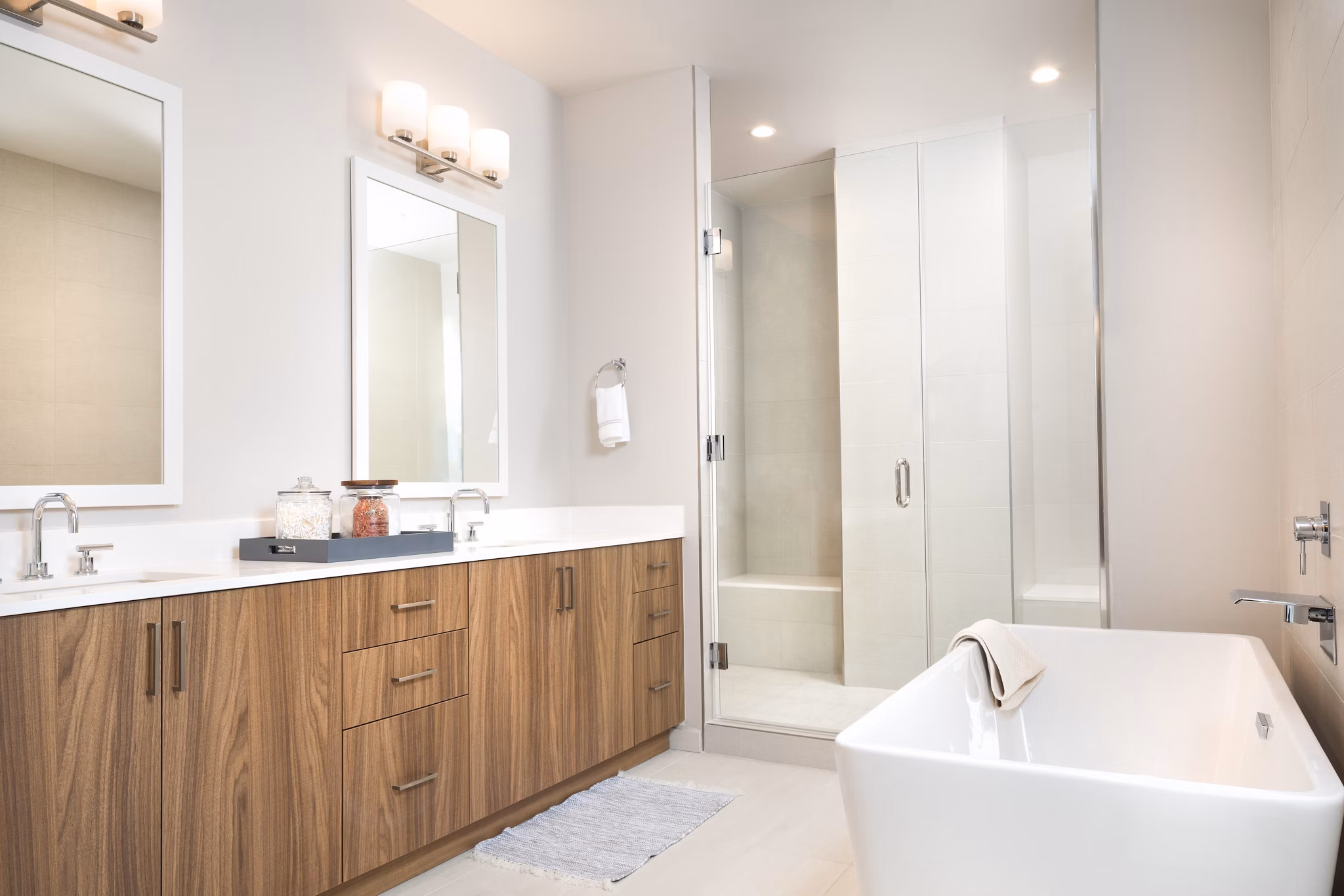 Luxurious bathroom with marble countertops at The Kincaid at Legacy Apartments