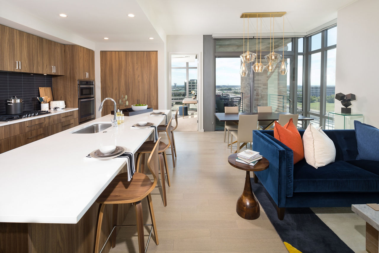 Spacious living room with modern decor at The Kincaid at Legacy Apartments