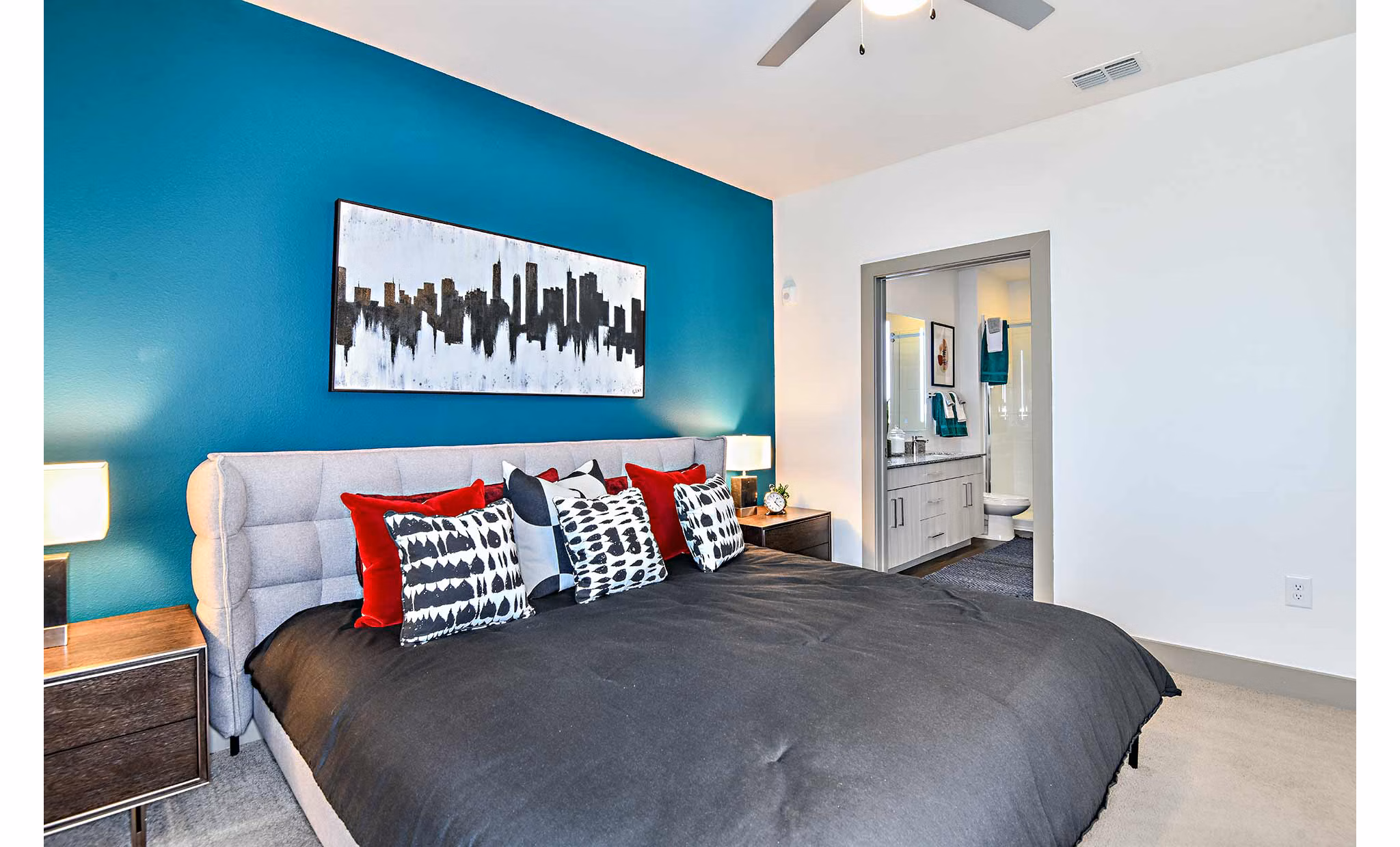 Luxurious bedroom featuring modern decor at The Jamison Apartments, Greystar luxury apartments in a serene setting