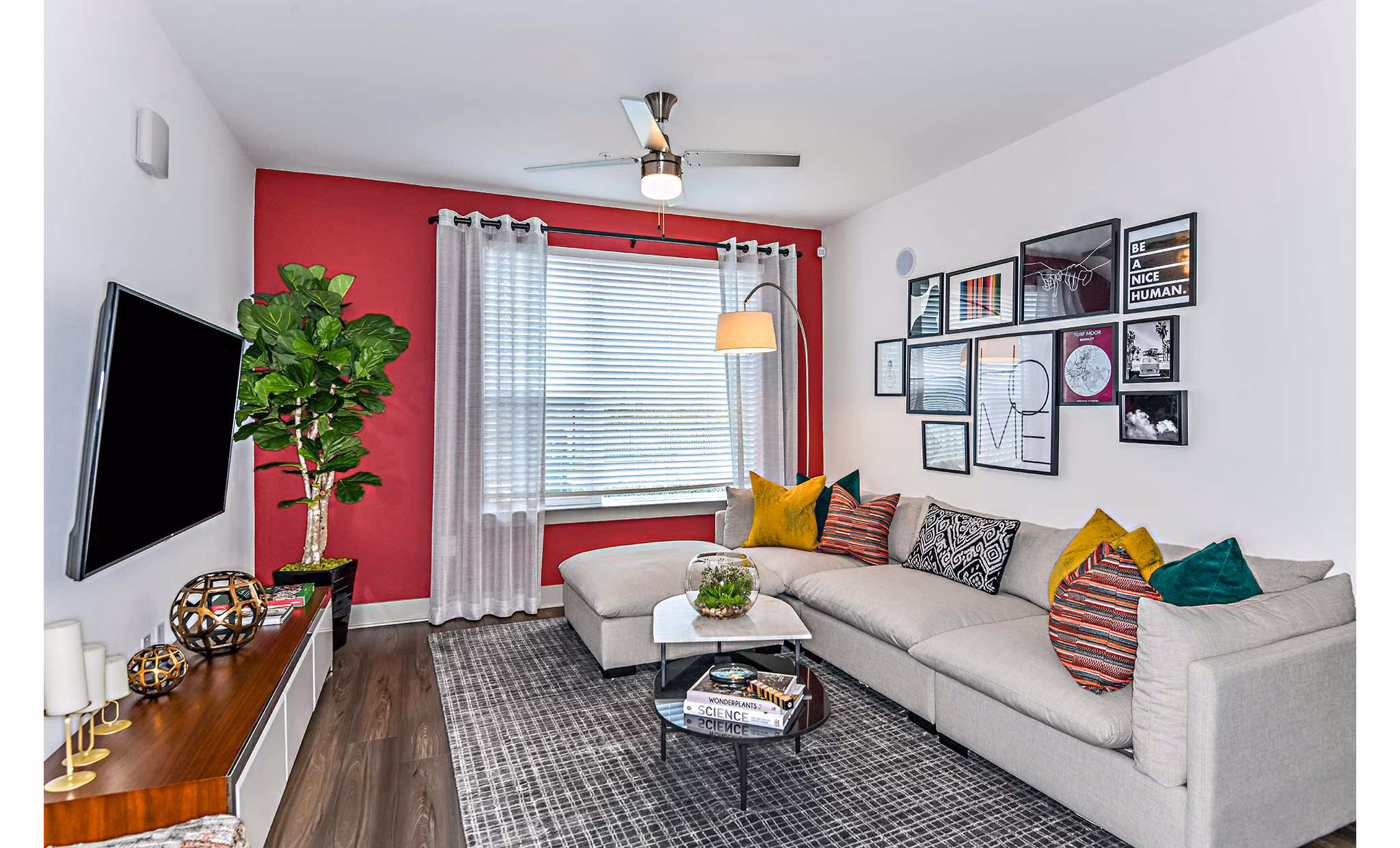 Cozy living room with stylish decor at The Jamison Apartments