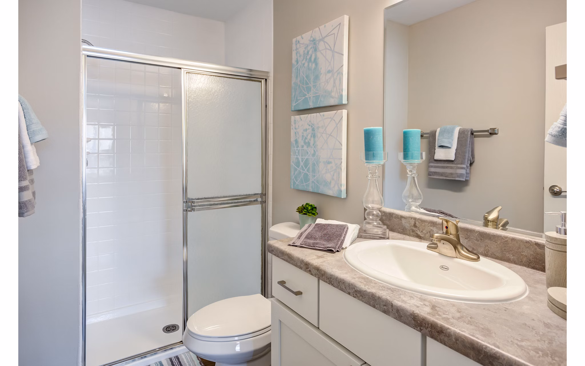 Orion Arlington Lakes Apartments: Modern bathroom with sleek fixtures and spacious vanity