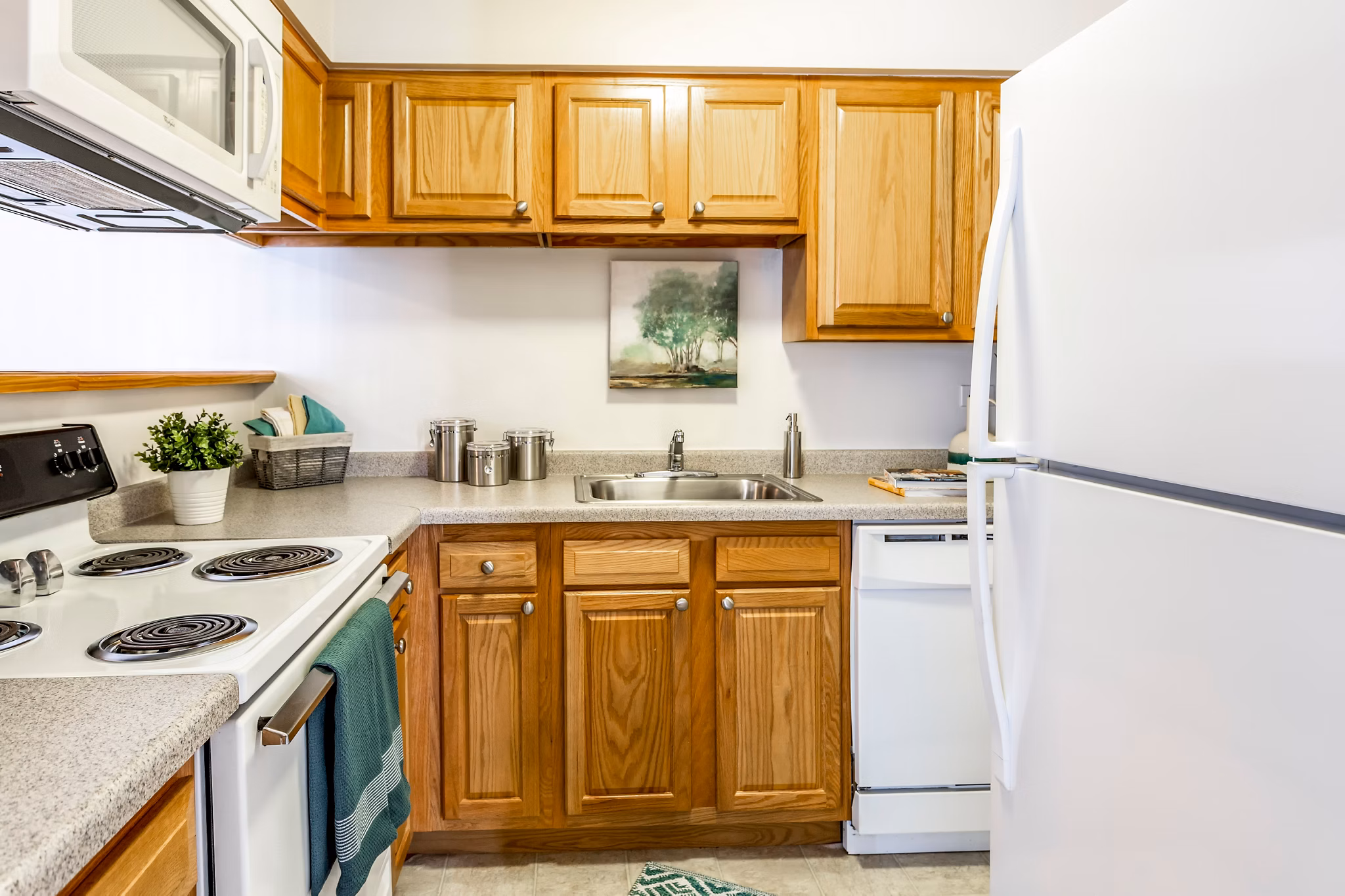 Modern kitchen featuring stainless steel appliances and quartz countertops in Orion Prospect Apartments, a luxury property by Greystar