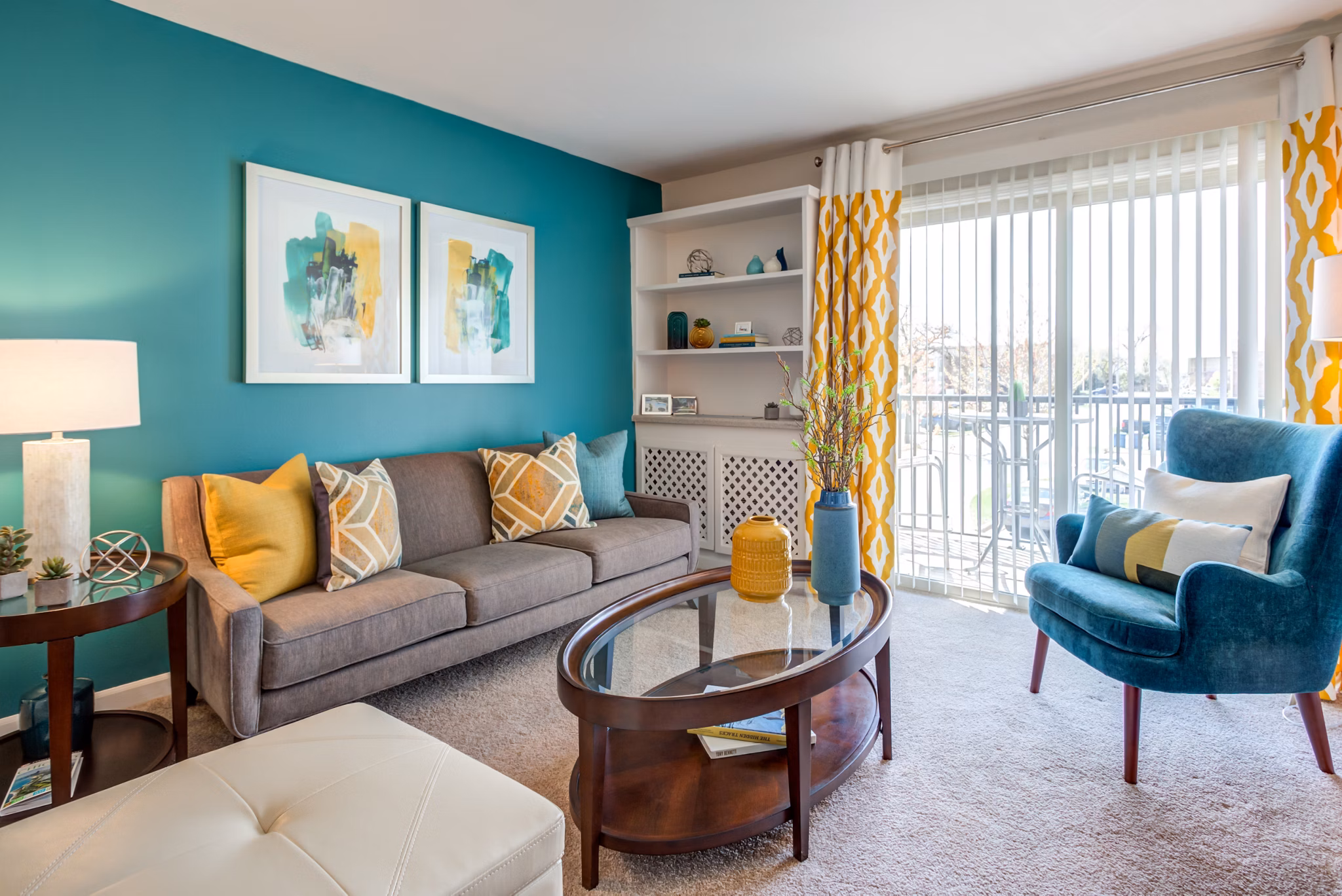 Spacious living room with modern decor and natural light in Orion Prospect Apartments