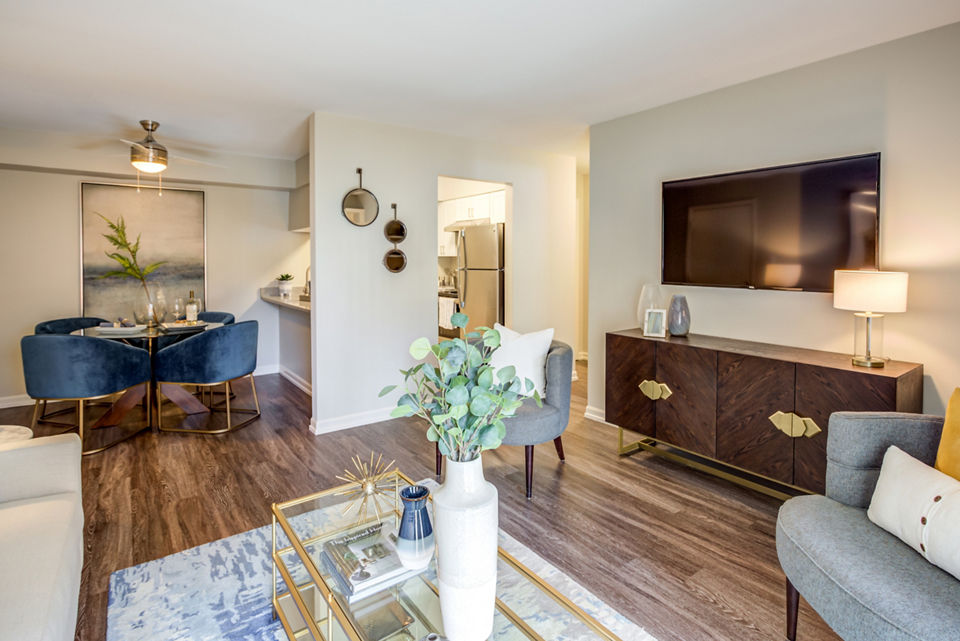 Contemporary living room with modern decor at Orion Prospect Apartments