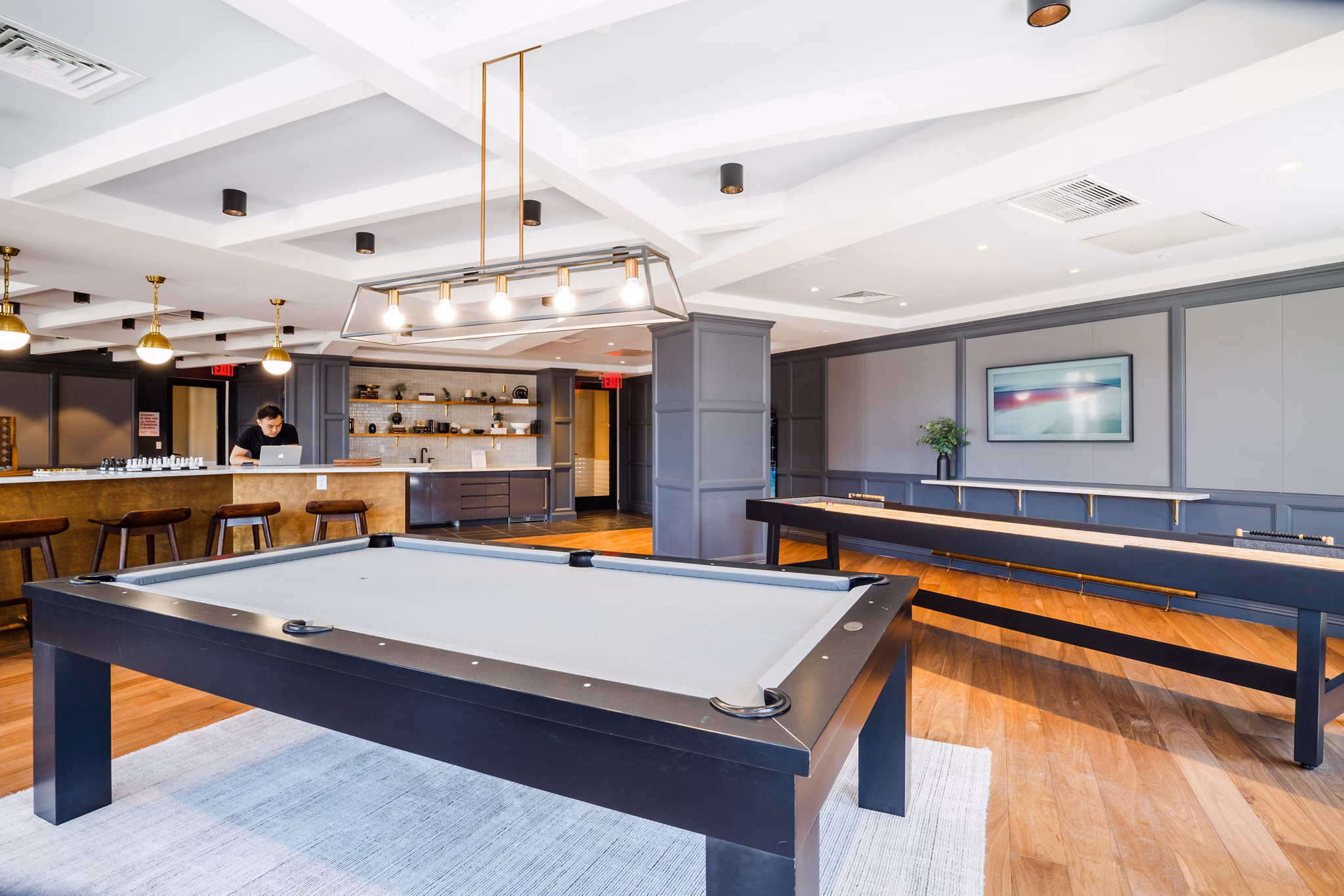 Game room with pool table and seating area at 1 Flatbush Apartments Perfect space for socializing and entertainment in luxury Brooklyn living