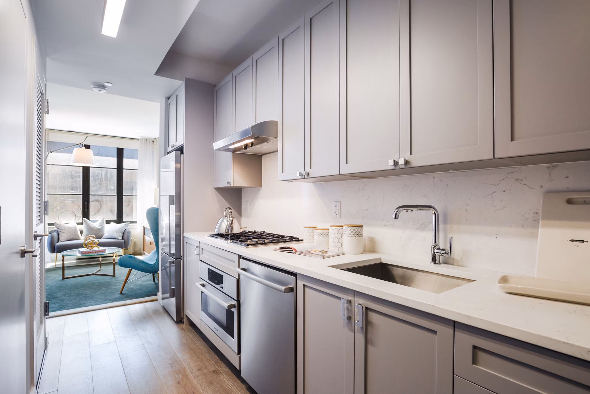 Modern kitchen with high-end appliances at 1 Flatbush Apartments, Brooklyn's luxury apartment community