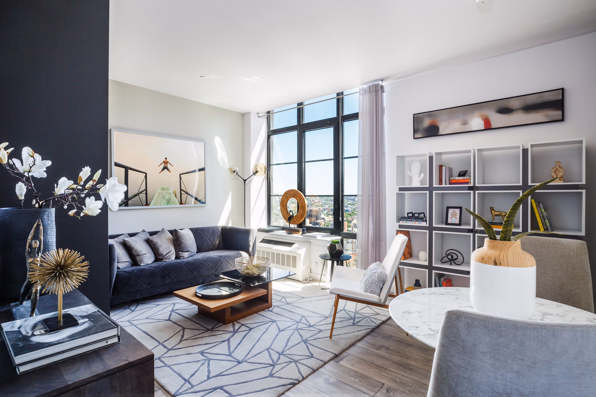 Spacious living room with contemporary decor in 1 Flatbush Apartments, offering luxury urban living in the heart of the city