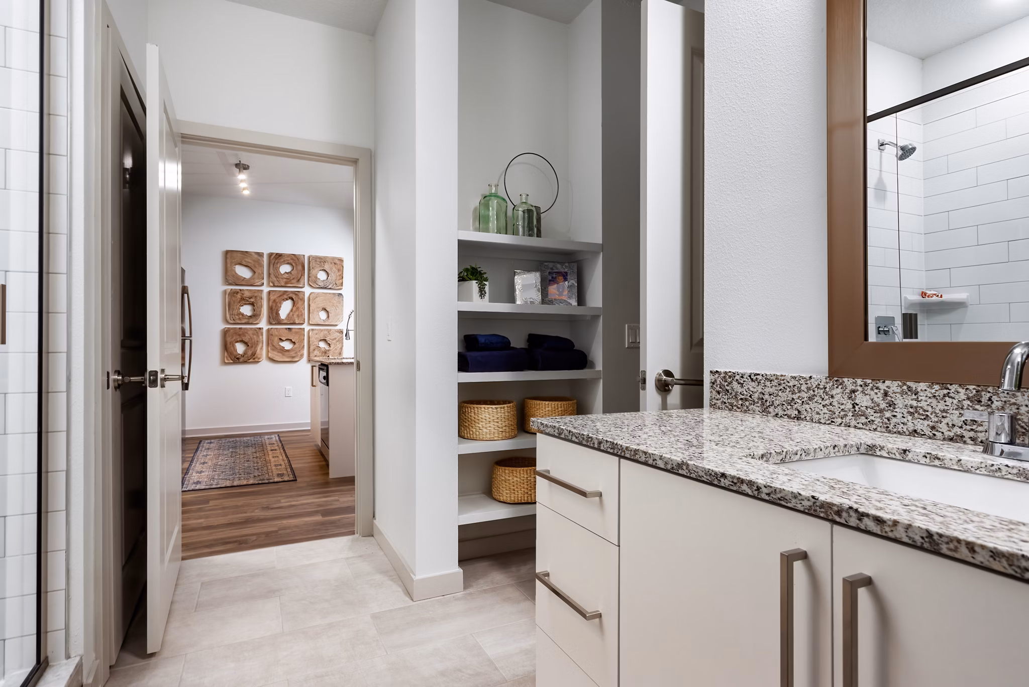 Bathroom featuring modern fixtures in Overture Hamlin Apartments luxury apartments