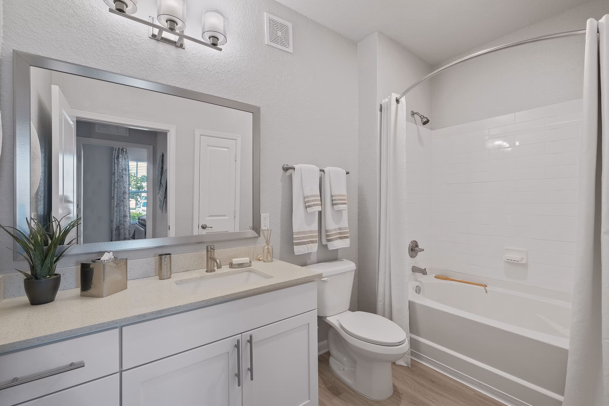 Modern bathroom with sleek fixtures at Vue at Belleair Apartments