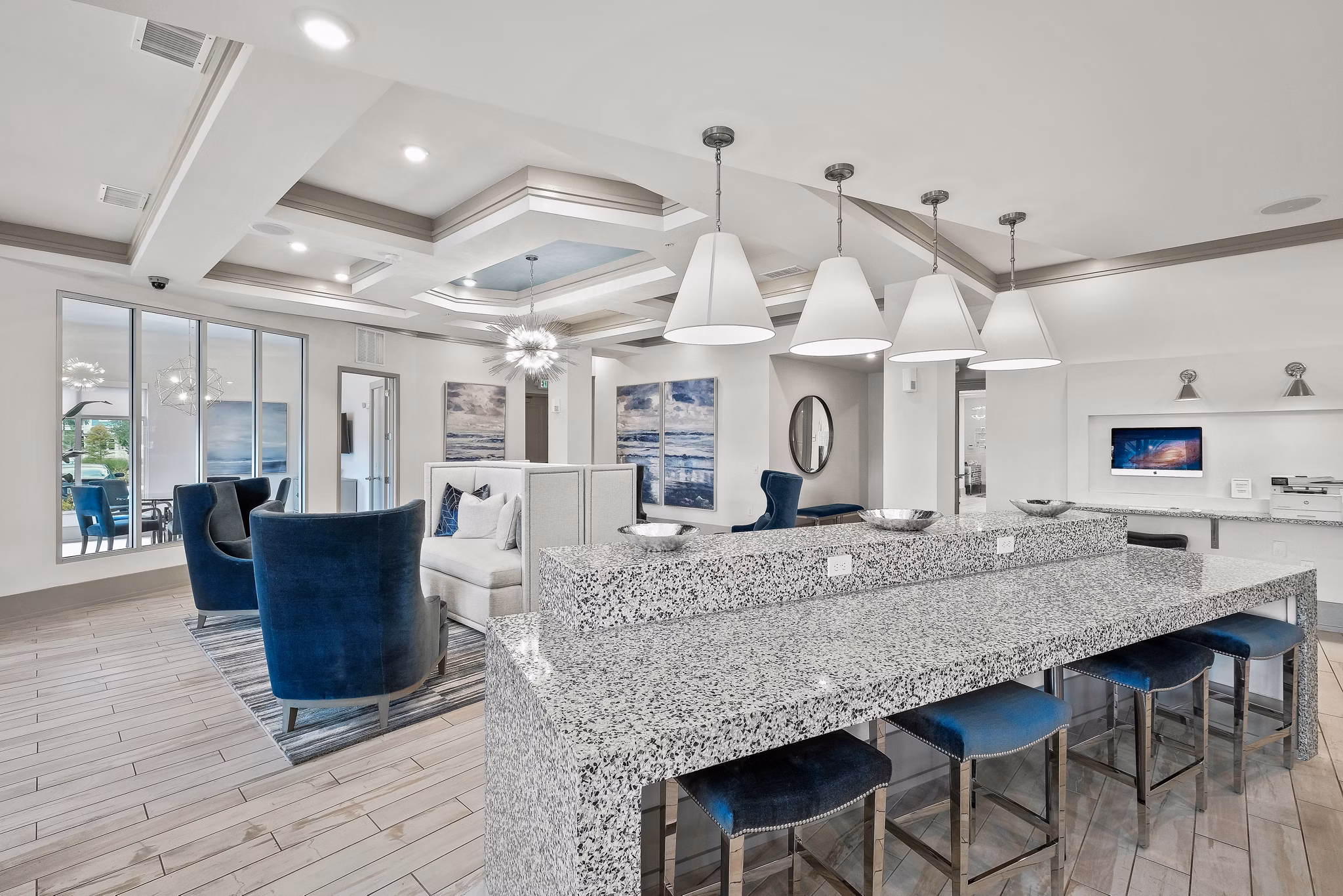 Clubhouse with modern design and seating at Vue at Belleair Apartments