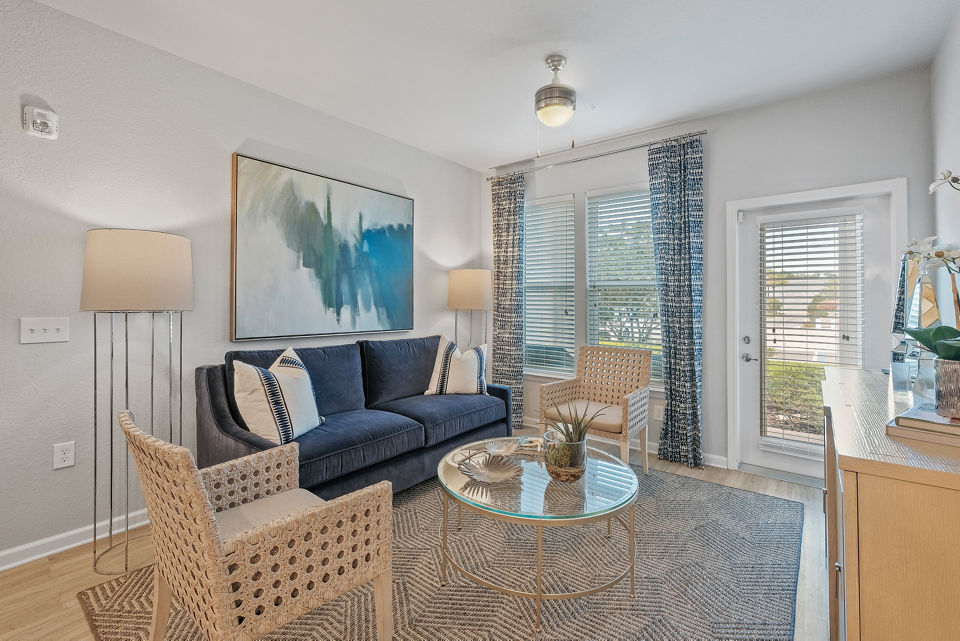 Spacious living room with modern decor in Vue at Belleair Apartments