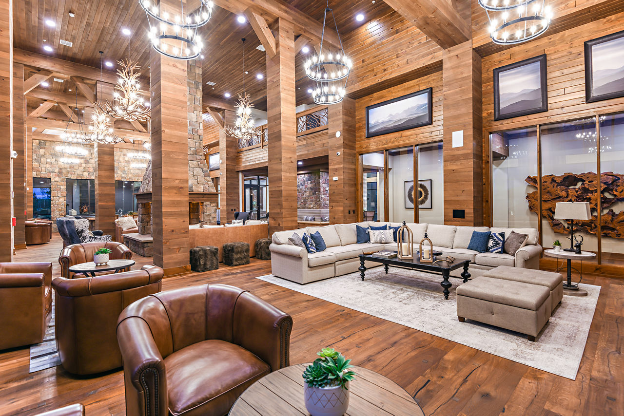 Clubhouse featuring modern design and comfortable seating at The Lodge at Hamlin Apartments