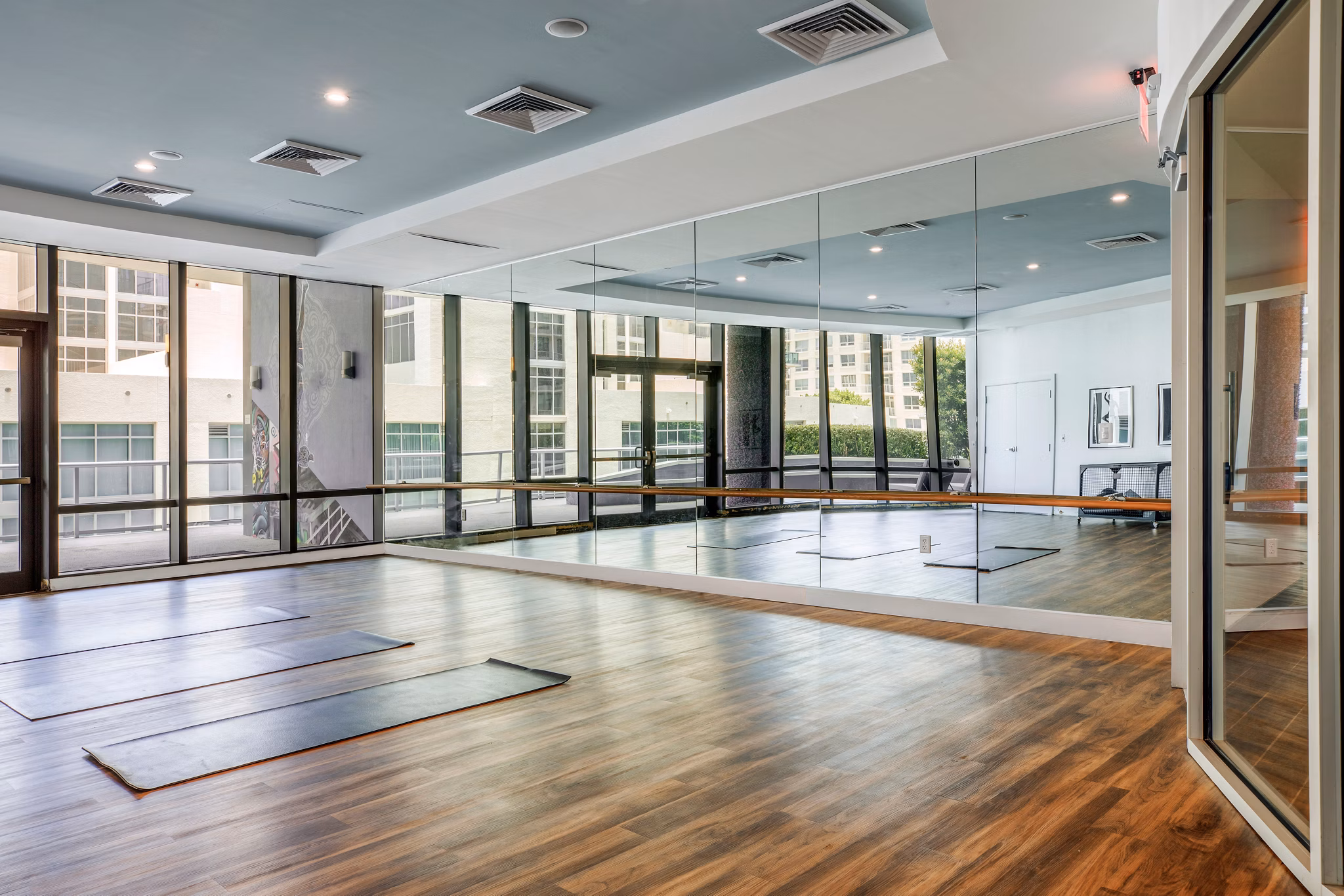 Yoga and spin studio with modern equipment at Midtown 5 Apartments