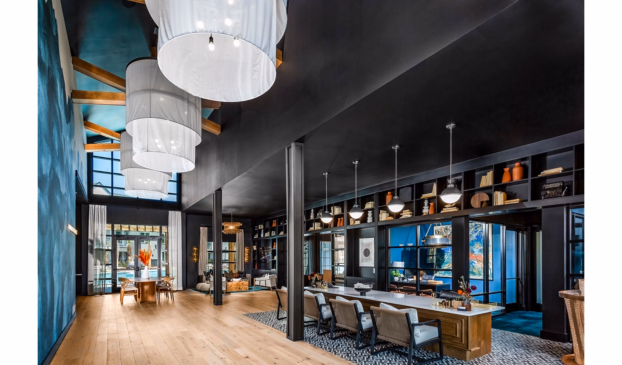 Modern lobby and stylish clubhouse at The Monty Apartments, a luxury Greystar community