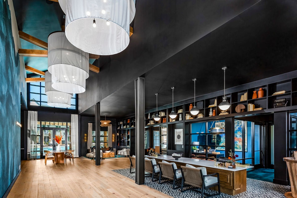 Modern lobby and stylish clubhouse at The Monty Apartments, a luxury Greystar community