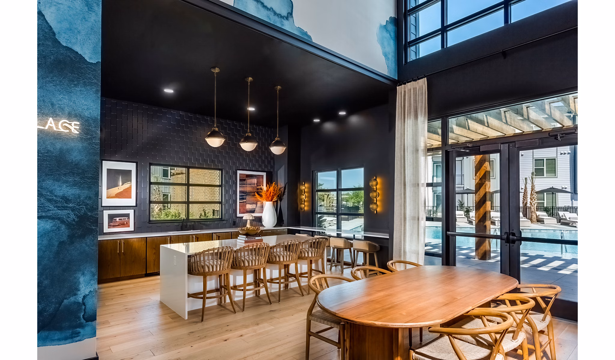 Clubhouse lobby with modern seating and decor at The Monty Apartments