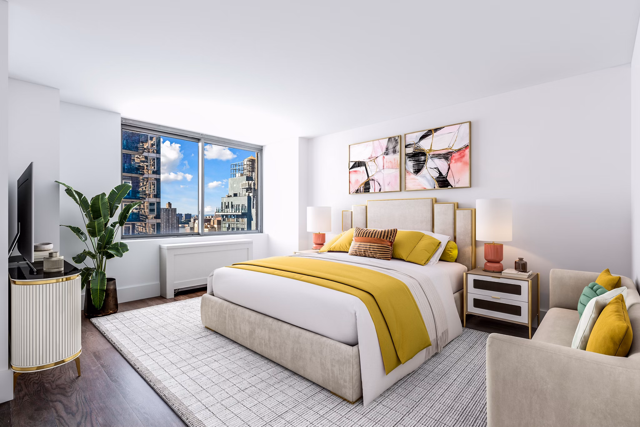 Luxury bedroom with elegant decor at The Biltmore Apartments, showcasing stylish comfort in a premier property