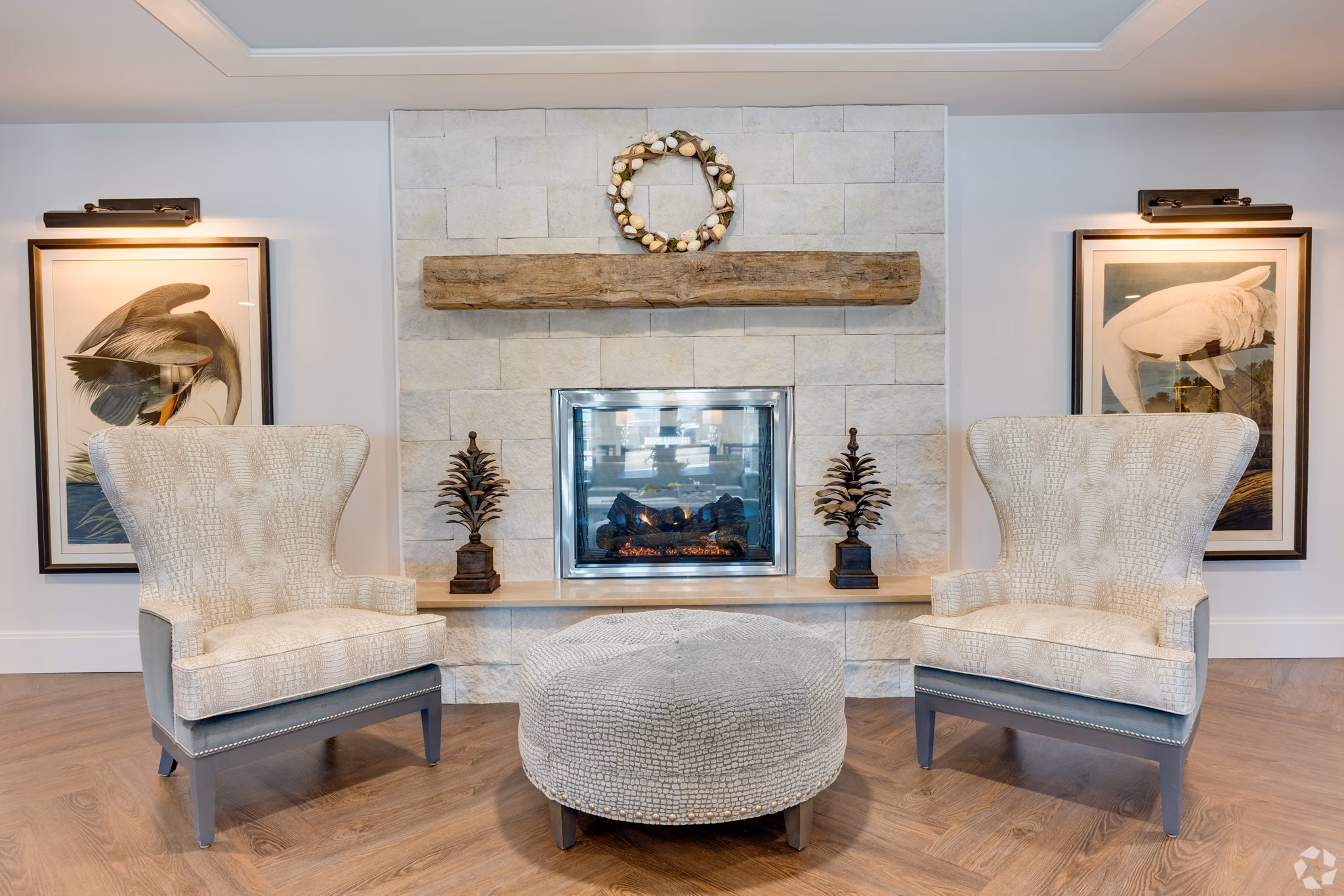 Clubhouse at Avenida Naperville: Elegant clubhouse with modern furnishings and spacious seating area Ideal for gatherings and relaxation in Naperville