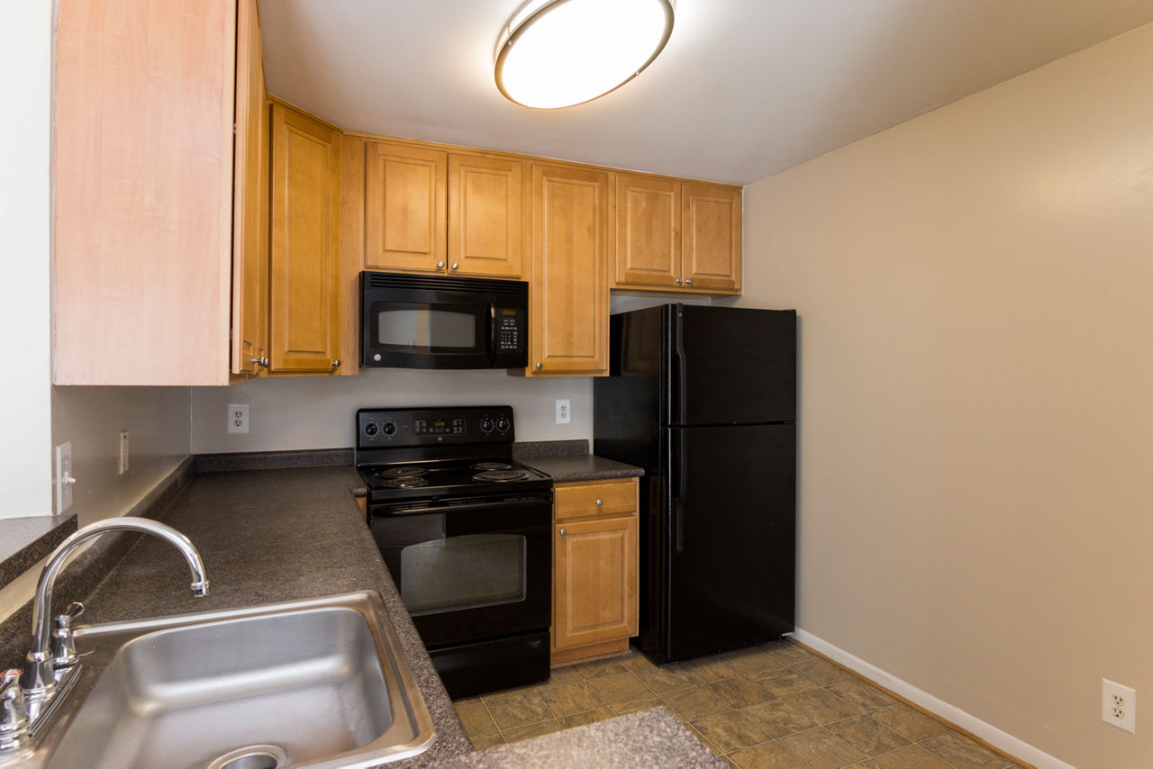 Modern kitchen with stainless steel appliances in Avana Oak Mill Apartments