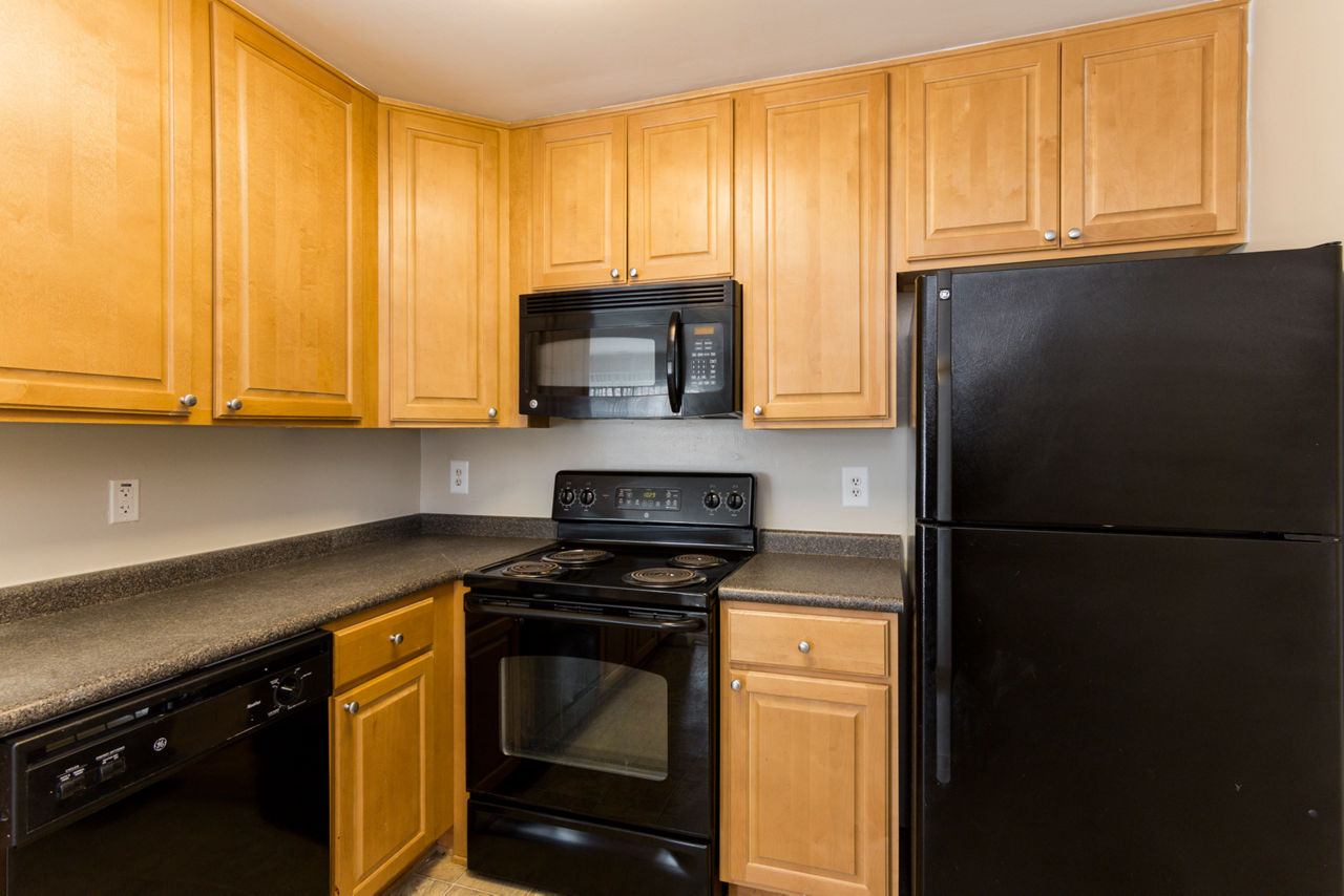 Modern kitchen with stainless steel appliances in Avana Oak Mill Apartments