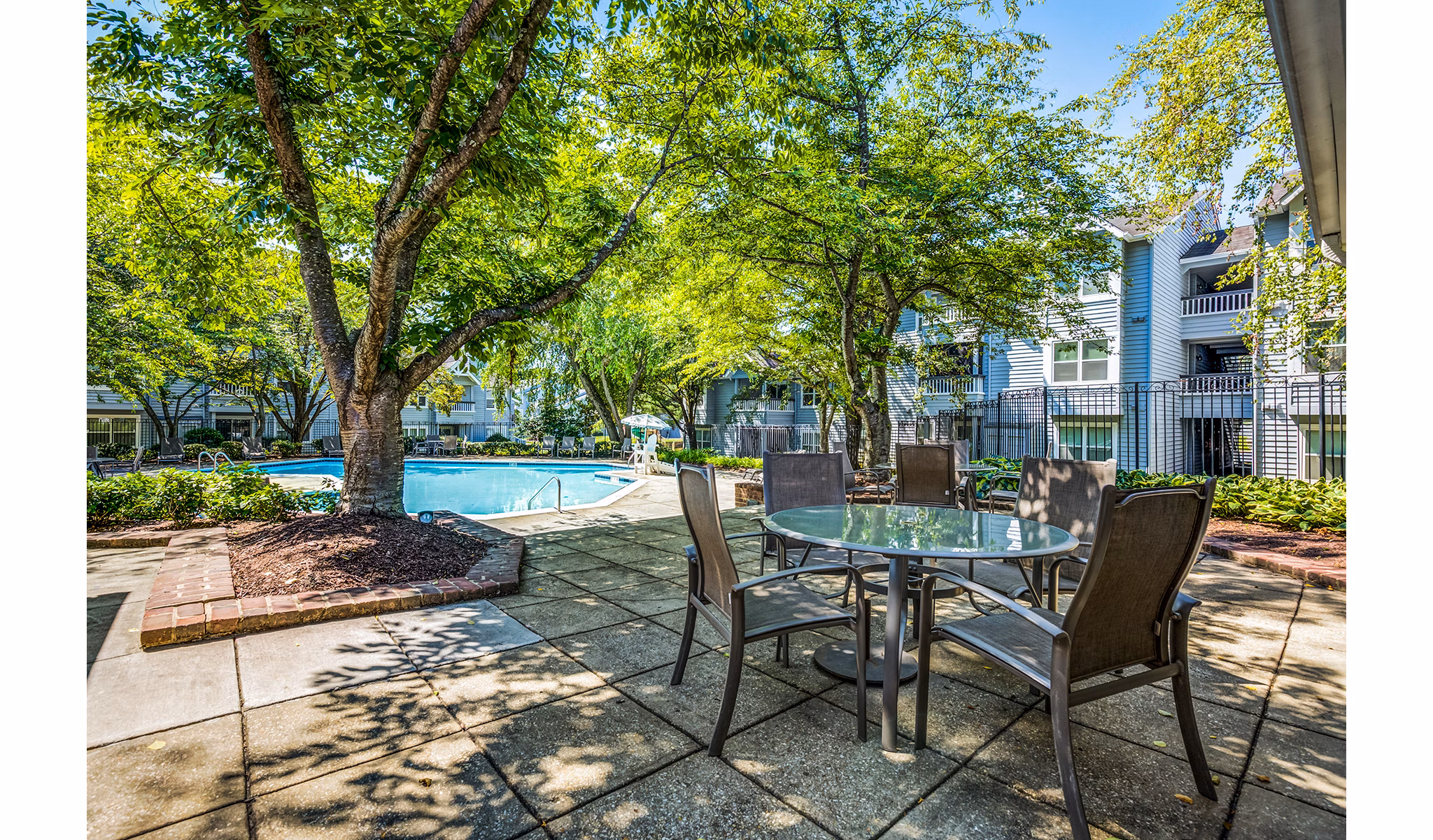 Outdoor pool patio with modern lounge seating at Avana Heather Ridge Apartments