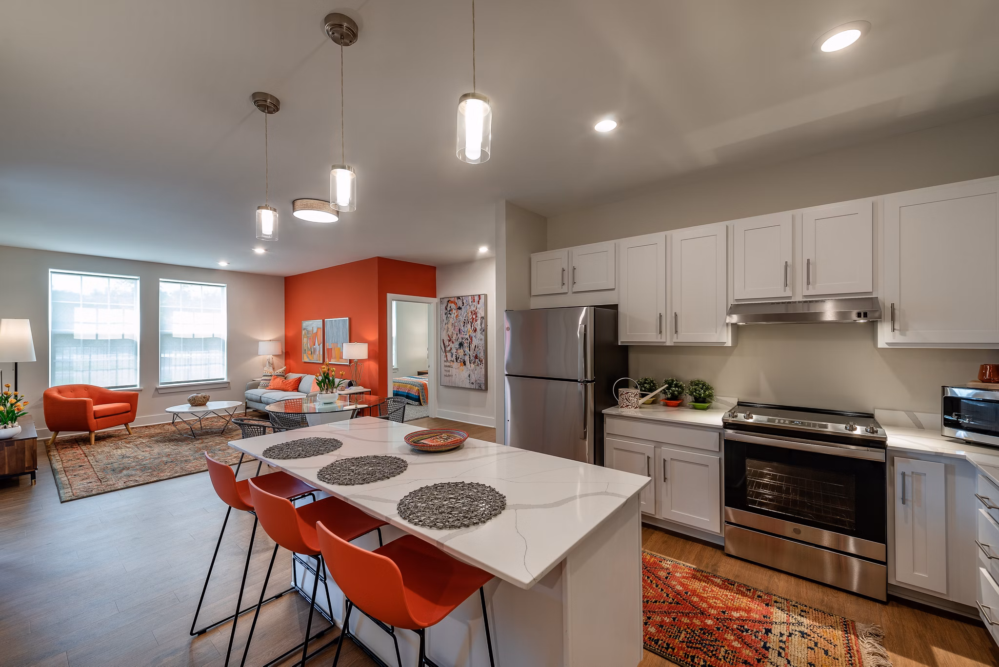 Modern kitchen featuring sleek countertops and stainless steel appliances at Addison Row luxury apartments in Maryland