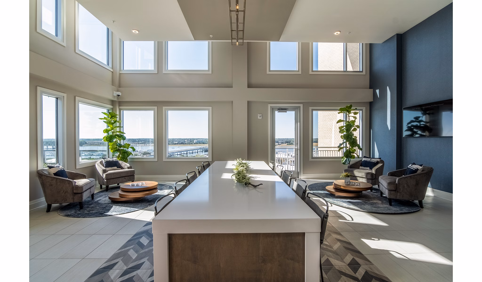 Clubhouse lobby featuring modern seating and decor at 10 WestEdge Apartments