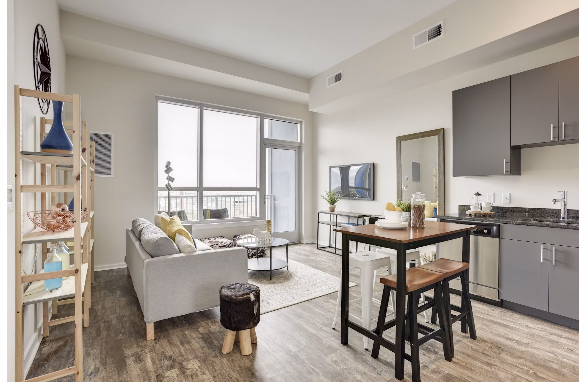 Elegant living room with modern decor in 225 N Calvert Apartments, featuring a cozy seating area and abundant natural light