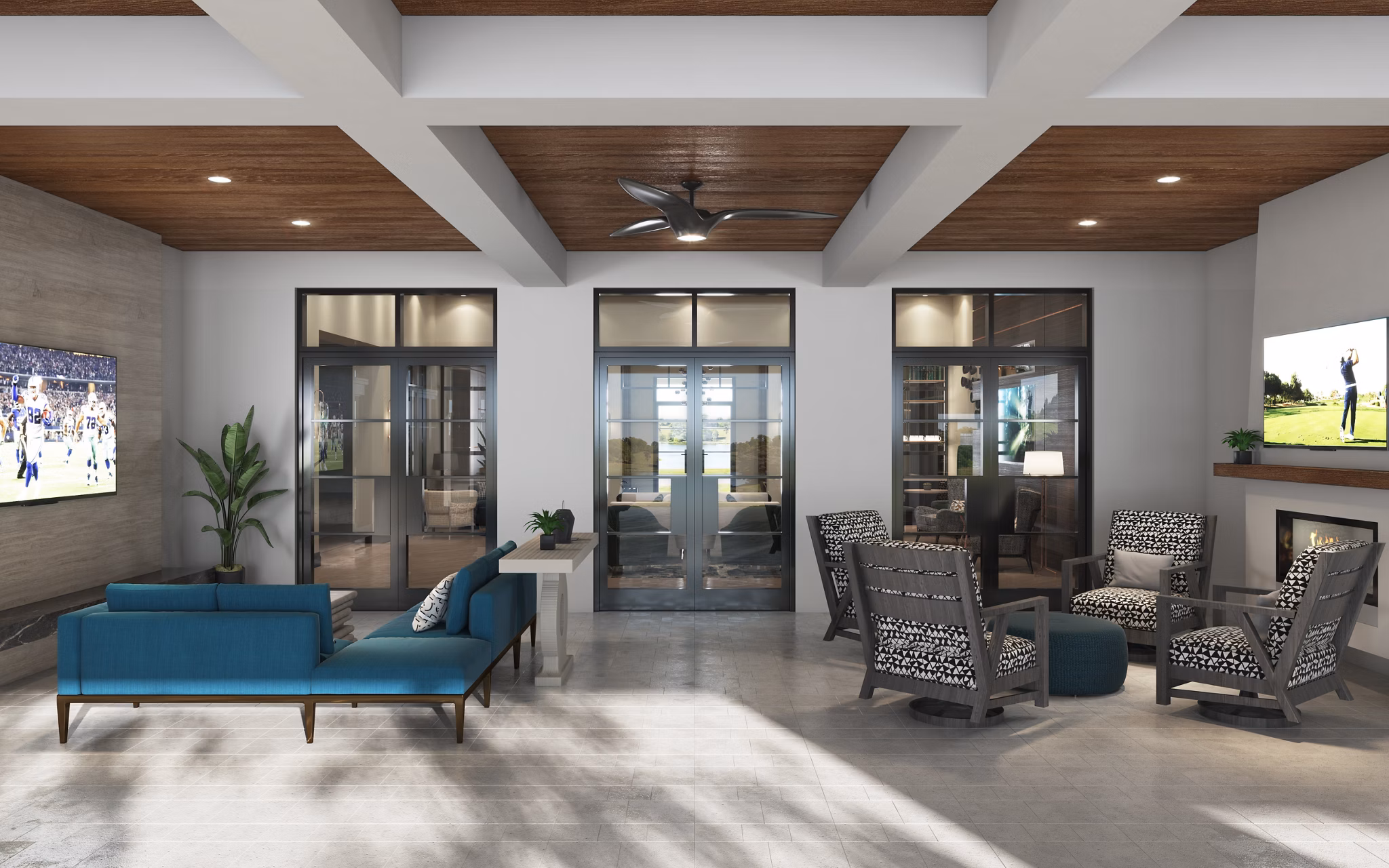 Elegant clubhouse with modern decor at Allura Apartments, perfect for luxury gatherings and social events